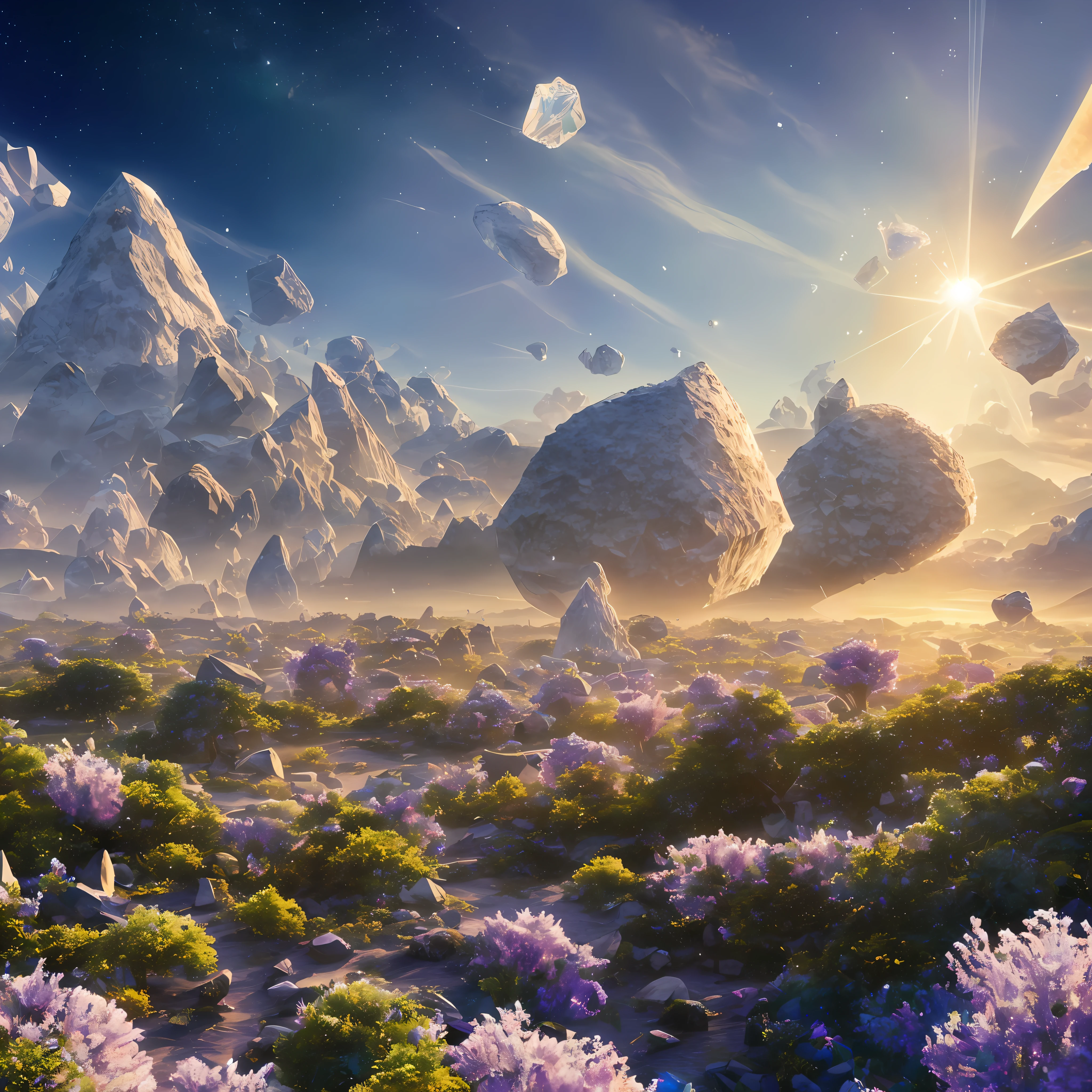 ((Crystal asteroids in the sky,)) Soft colors, transparent crystals such as blue and emerald green, geometric solids, meadows in the foreground, gardens, garden cities, ibarados, transparent crystals, crystals, florites, diamonds, fine irregularities, monoliths, isekai, golden hour, rim lighting, warm tones, sun flares, soft shadows, vivid colors, hazy glowRealistic, fusion of nature and artifacts, dramatic, planetary, utopia, high image quality, photorealism, highly detailed, complex, high detail, --auto --s2