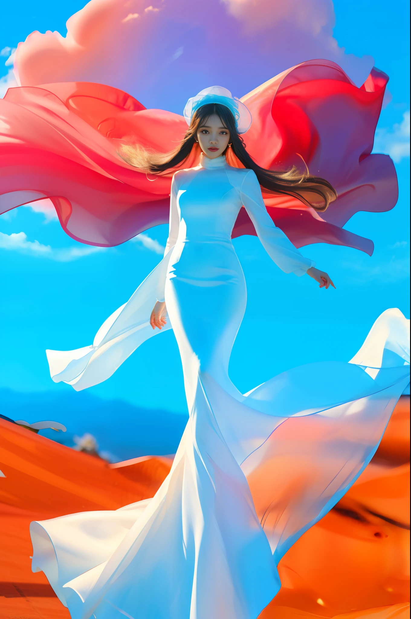 (8k, RAW photo, photorealistic:1.25) ,( lip gloss, eyelashes, glossy side, shiny skin, best quality, ultra high resolution, depth of field, chromatic aberration, caustics, wide light, natural shadow, headwear, kpop idol) , (dreamy and romantic compositions: 1.5), light pink and blue style, 1girl, (sky witch: 1.5), tall and thin goddess of beauty, Flowing dress, conservative girl, cloud goddess, flowing white fabric, wearing flowing dress, realistic, blue sky in the background, (wind: 1.5), (full body: 1.5), add_detail,