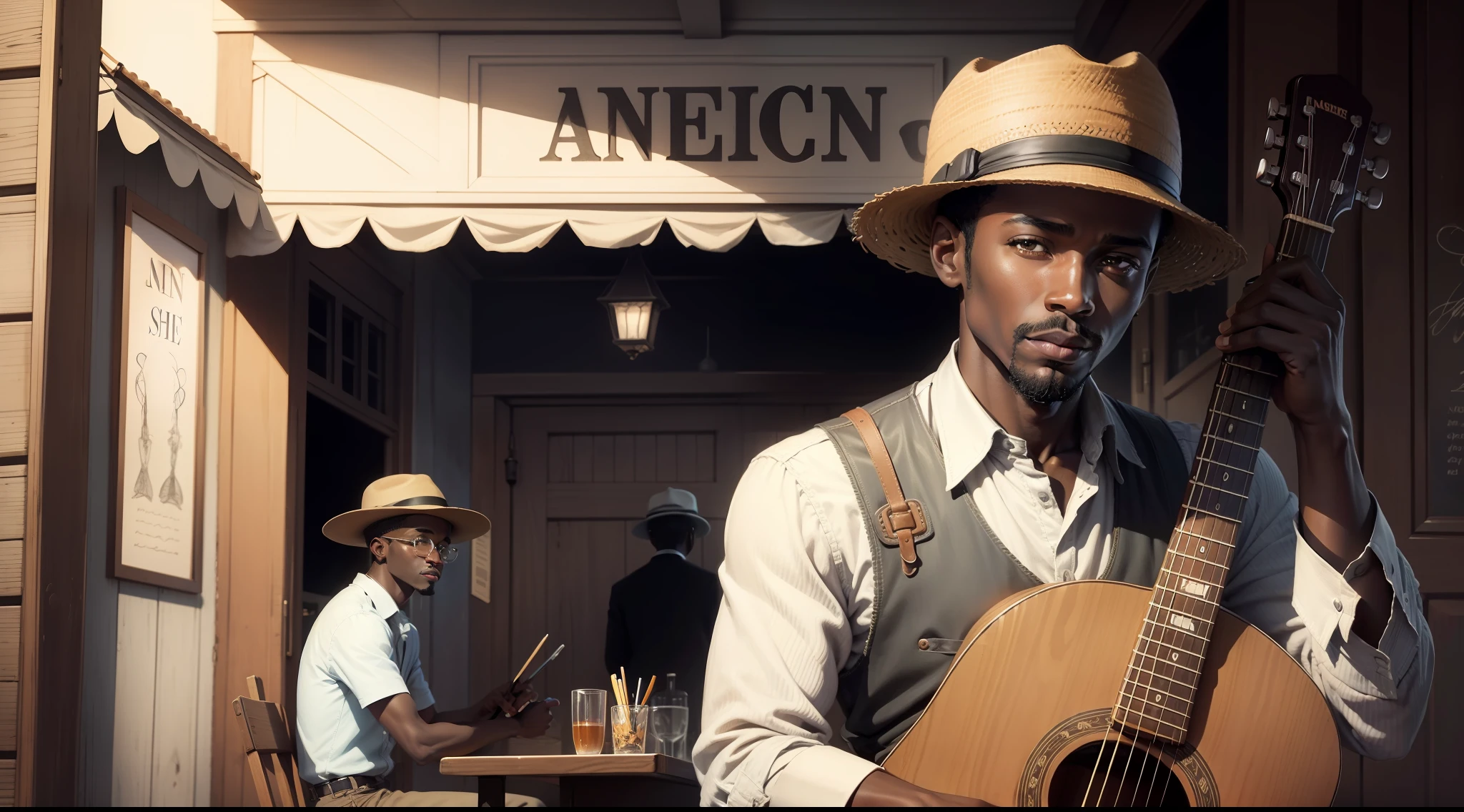African sitting in the door of a bar, illustration of a black man ((African)) in a hat, 1930s, with his guitar on his back, handmade drawing with black pencil, black and white drawing, as if it were a sketch