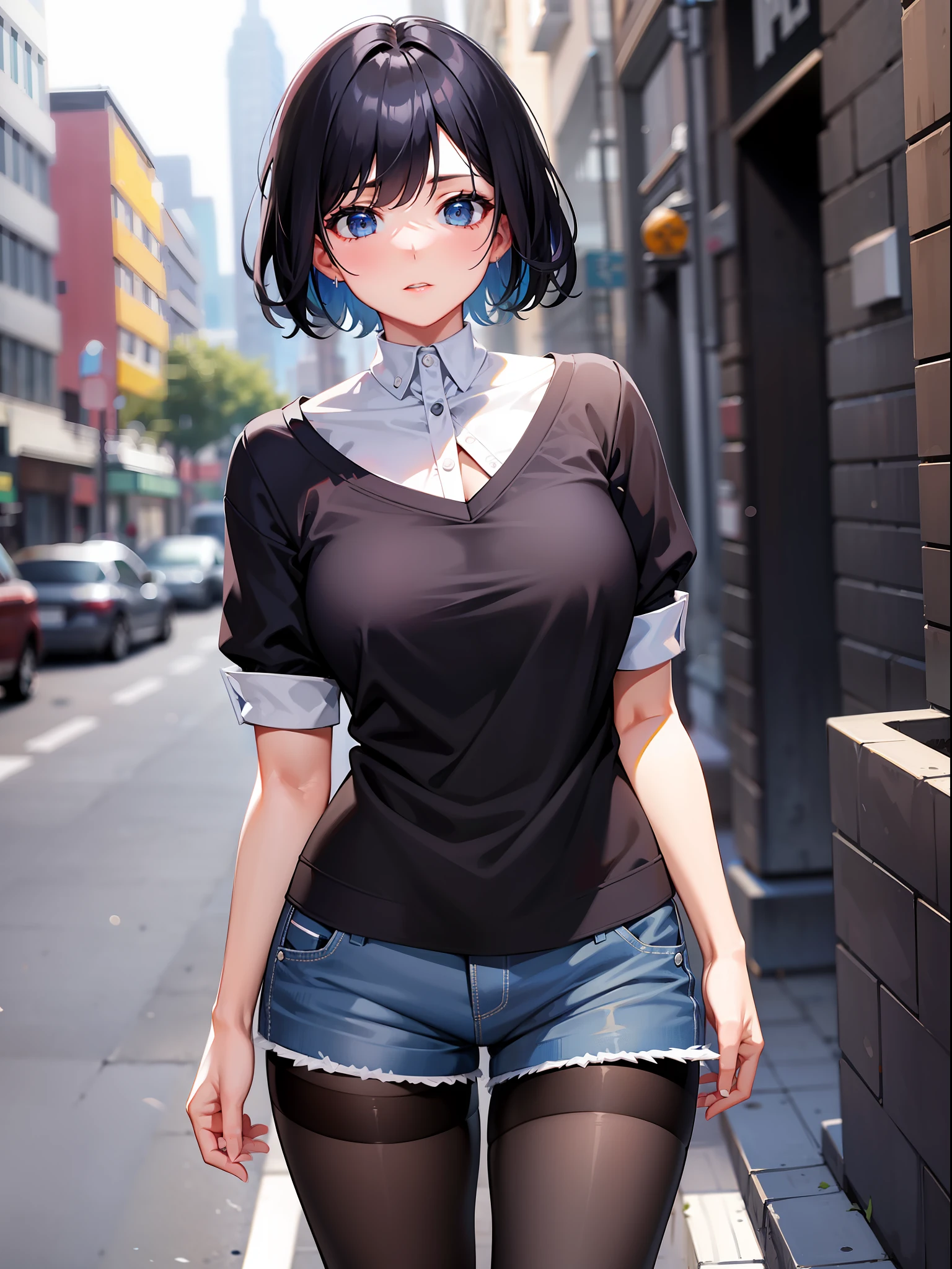 Black hair short, short clothes with white collar sleeves, blue shorts, black pantyhose, girl, outdoor