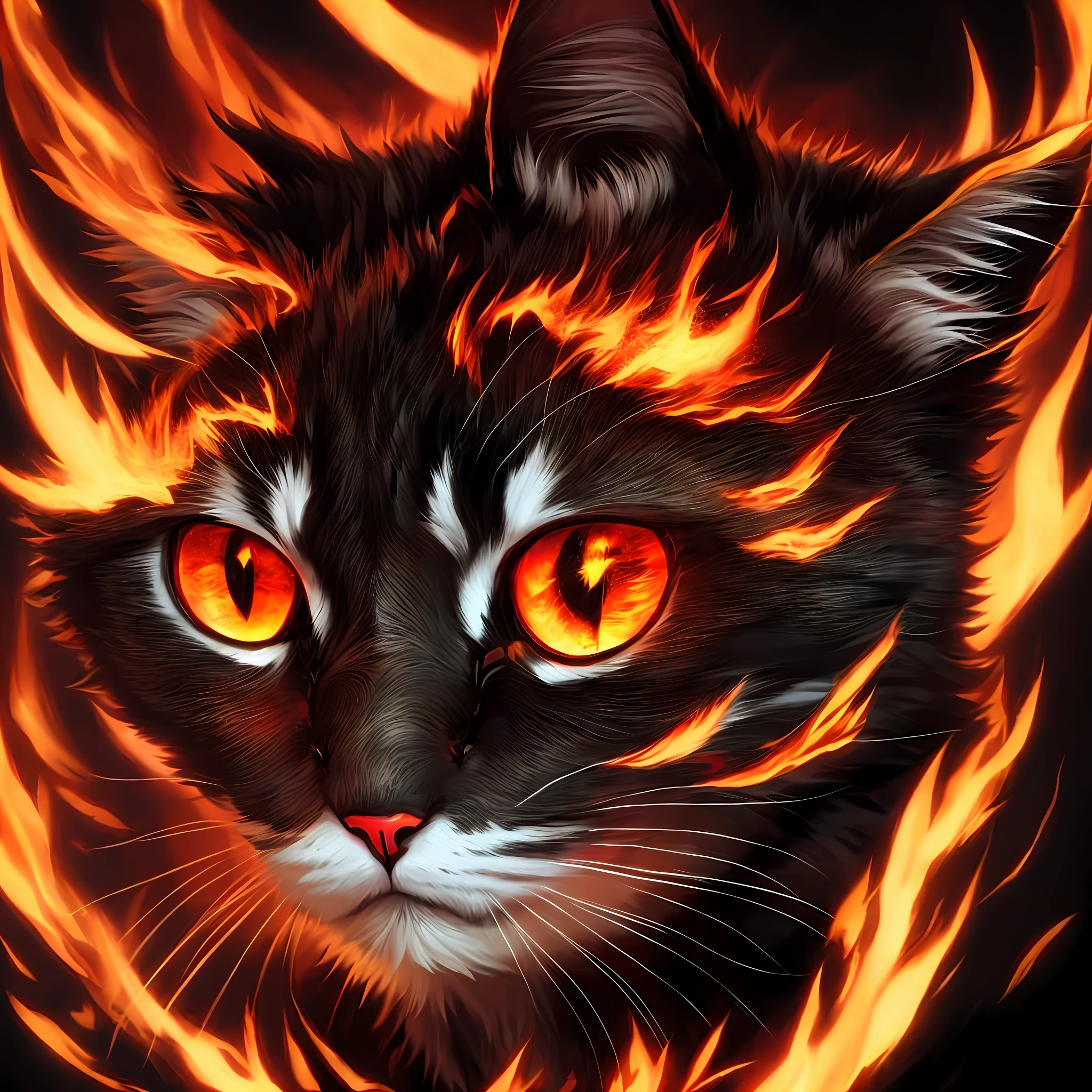 a close up of a cat with red eyes and a fire swirl around it, demon cat, warrior cats fan art, anime cat, with glowing red eyes, with red glowing eyes, furry fantasy art, the dark god of cats, very very beautiful furry art, kitava, realistic anime cat, fursona art, flame in the fur, fire eyes, warrior cats