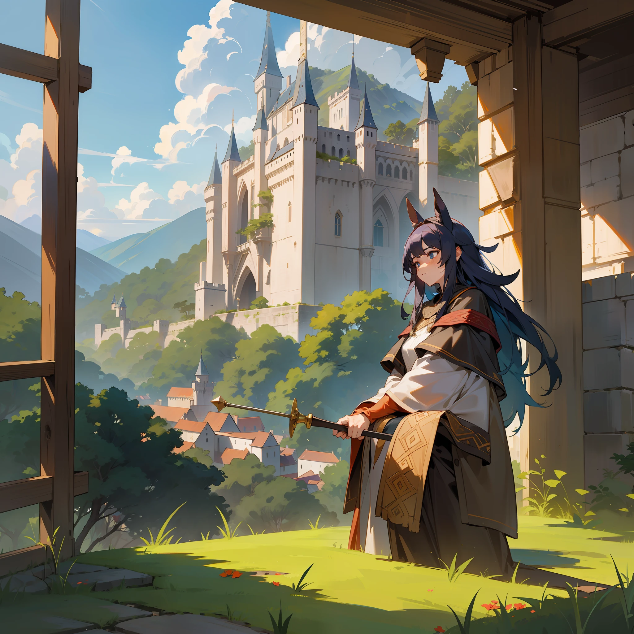 You are in a medieval setting, surrounded by ancient castles and imposing fortresses. Mountains rise on the horizon and a dense forest stretches out in front of you. The air is filled with the sound of horses screeching, swords clashing, and music from flutes and drums. You contemplate the landscape, feeling the warmth of the sun over your face and the cool autumn breeze. What will you do in this ancient and wonderful world?