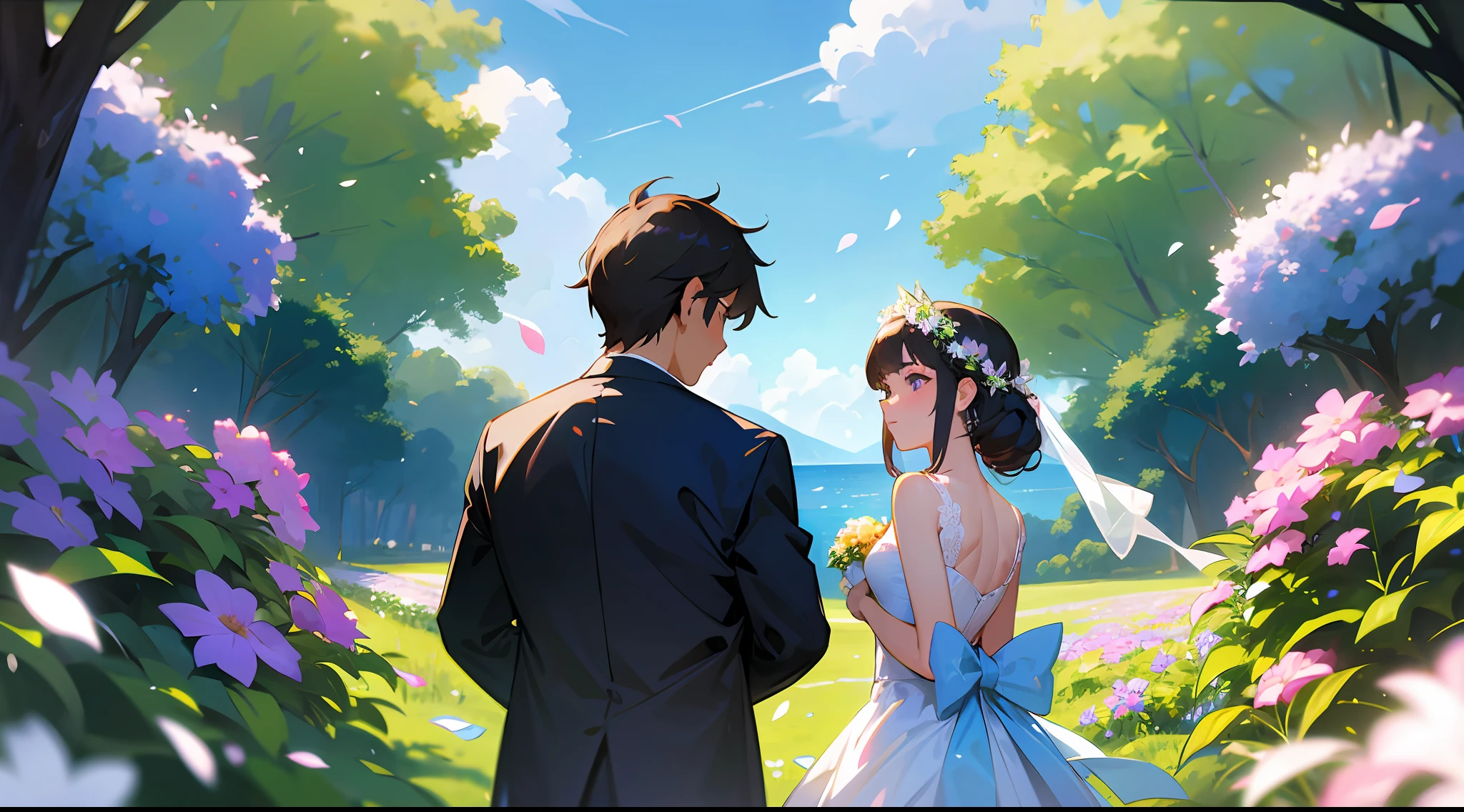 cowboy shot, upper body, far view, panorama, wide angle lens, depth of field, perspective, movie angle, arms behind back, masterpiece, best quality, super detailed, CG, 8K wallpaper, pretty face, delicate eyes, a boy and a girl, couple, holding a wedding, wedding, wedding dress, wedding ceremony, garden, sea of flowers, flowers, petals, plants, blue sky, sunshine