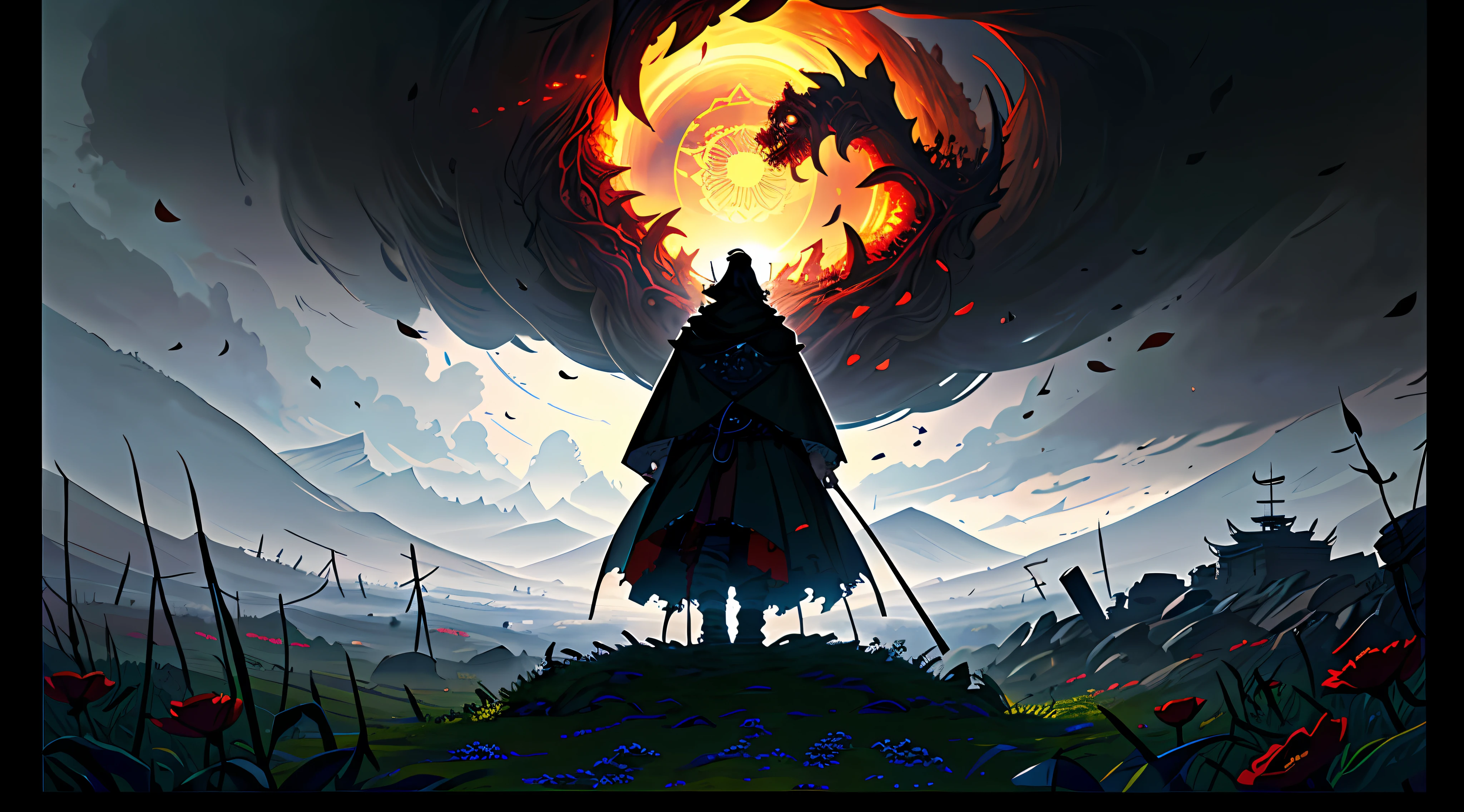 (8k unit wallpaper CG extremely detailed, masterpiece, best quality, ultra-detailed), (((soil)))), a legendary warlord on a hill looking at a kingdom, wearing a black crown, robust physique, at dusk, (back view), visible winds, cape in the wind, (petals of leaves in the wind), (high details), highres, (intricate details), intricate, sinister atmosphere, atmosphere of terror, Incredible high detail, highly detailed environment, illustrator, (masterpiece).