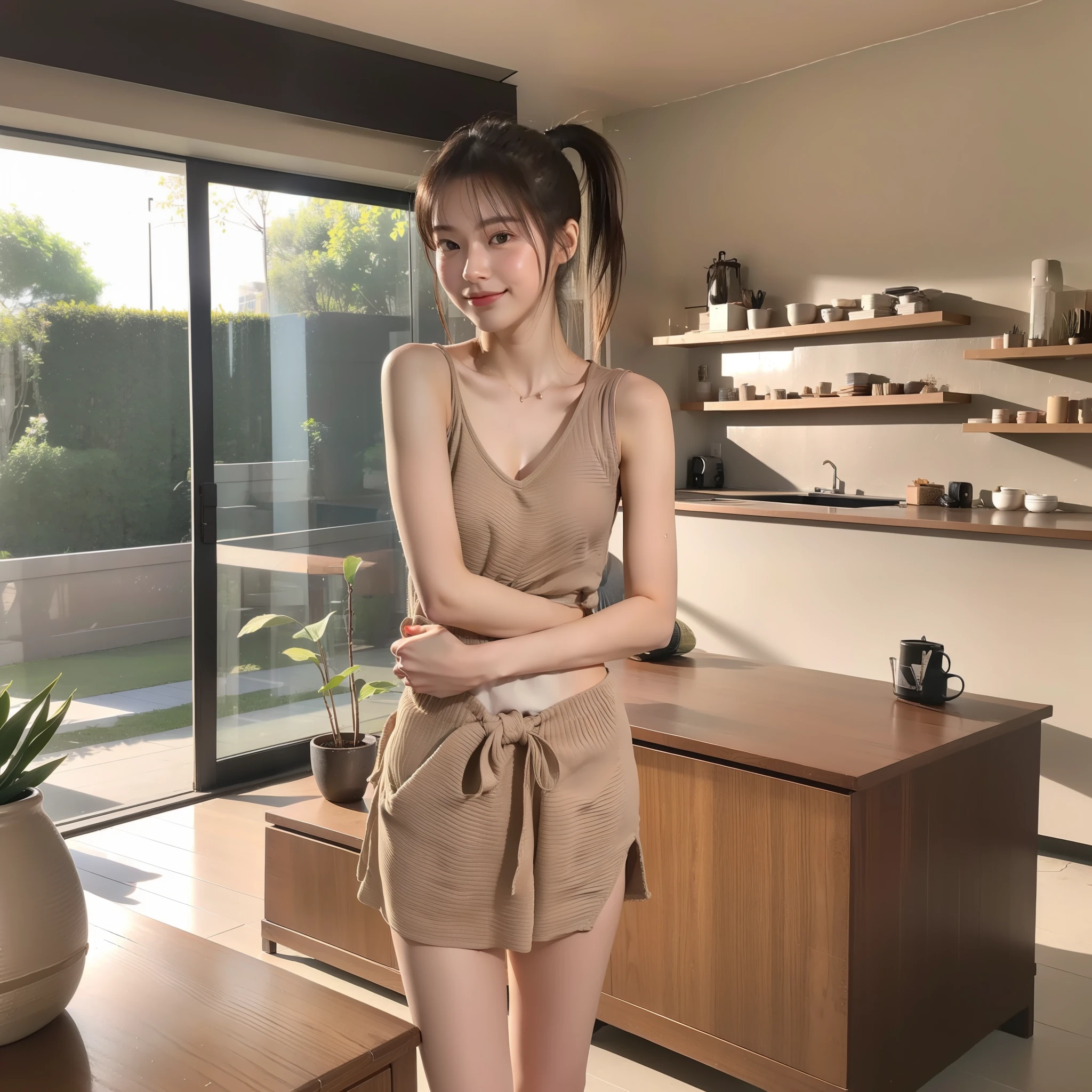 (perfect body, textured skin) girl, full body photo in home environment, soft smile, ponytail tied high, picture warm and natural, delicate face