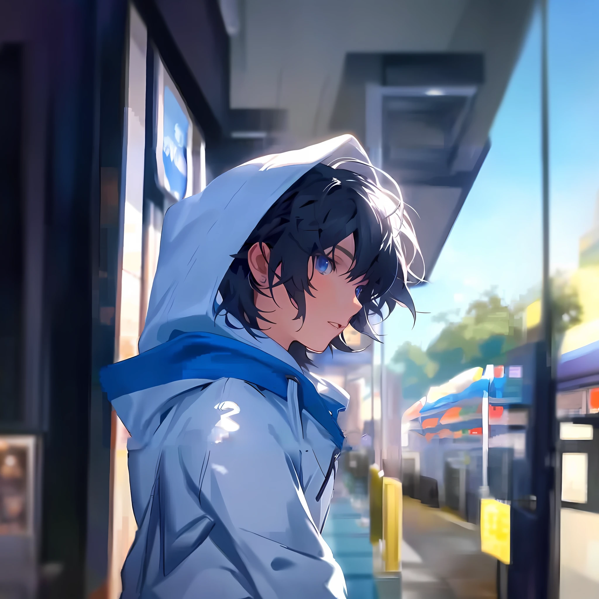 anime boy in a blue hoodie standing in front of a store, high quality anime artstyle, anime boy, makoto shinkai art style, makoto shinkai style, tall anime guy with blue eyes, young anime man, anime moe artstyle, clean detailed anime style, realistic anime artstyle, anime artstyle, style of makoto shinkai