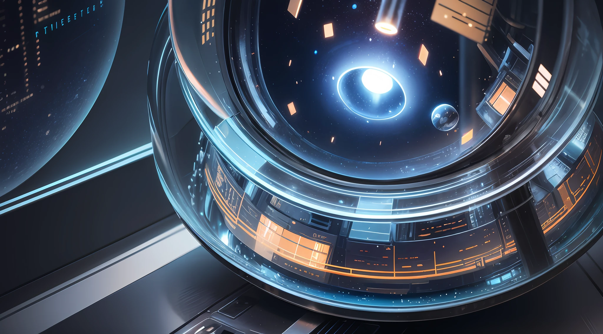 metallic texture, metal wear, space station, capsule interior, corner, small glass jar device, cylindrical jar, vertical glass wall, connecting equipment, connecting pipes, jar with blue glowing particles, concept art, futurism, surrealism, high detail, cinematic lighting, close up, super detail,