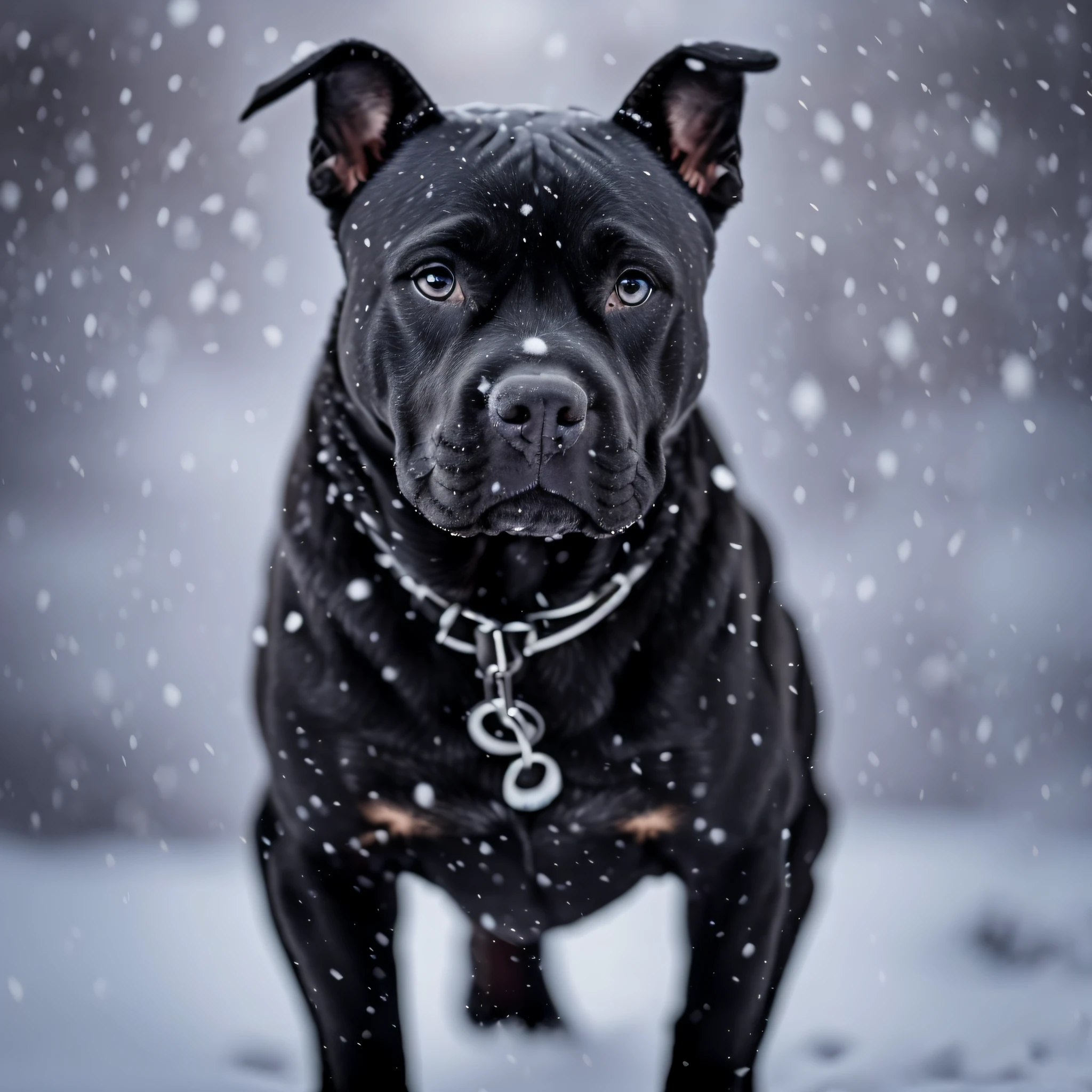 a black pitbull dog with a frightening appearance against a light background with snow in 4k --auto --s2