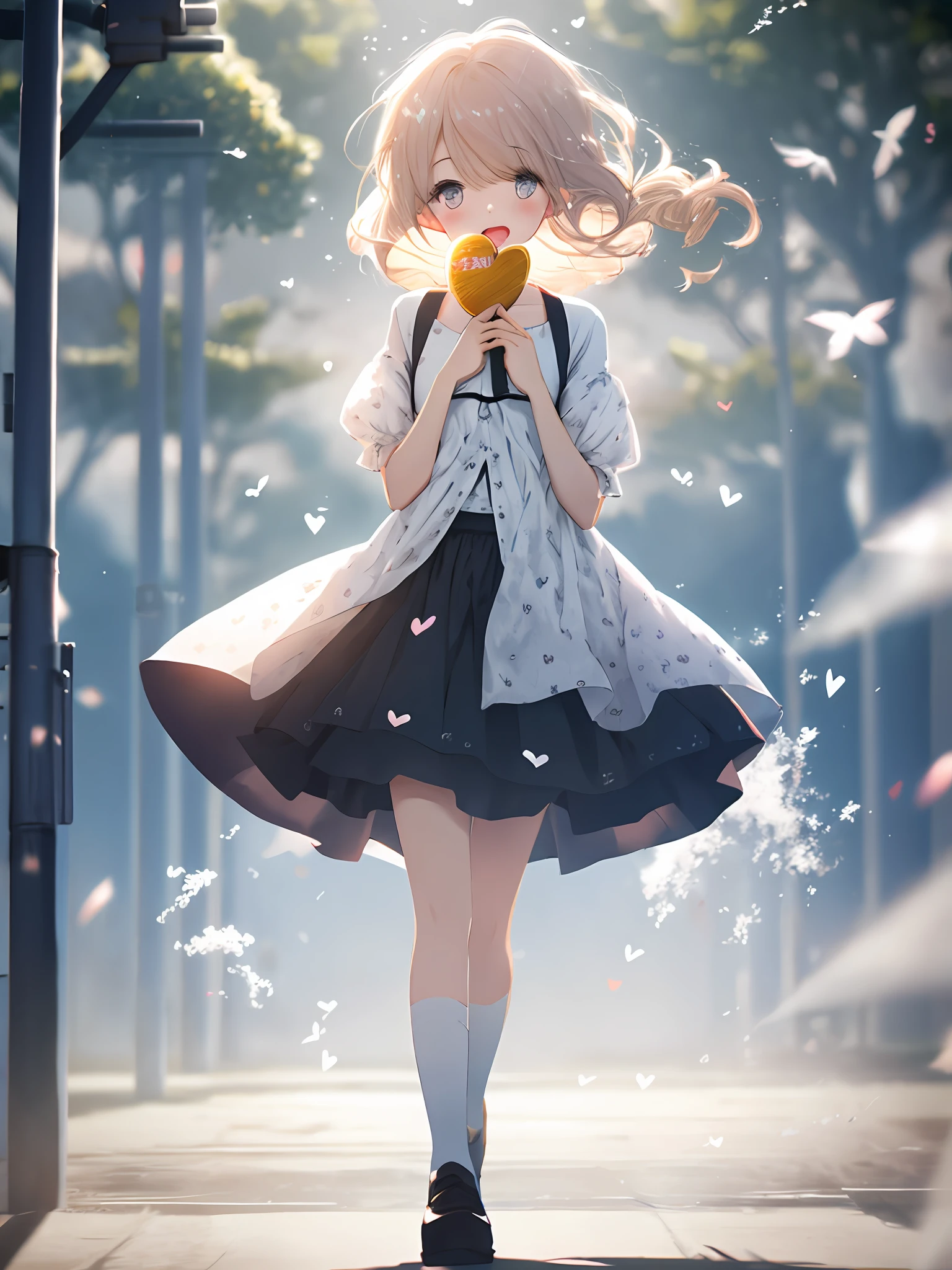 A girl, wearing a skirt, the wind blows the skirt, full body portrait (shy: 1.1), (open mouth: 1.1), (eyes open: 1.2), bright light, background blur, depth of field, blurred background, light particles, strong wind, (heart particles: 1.1)