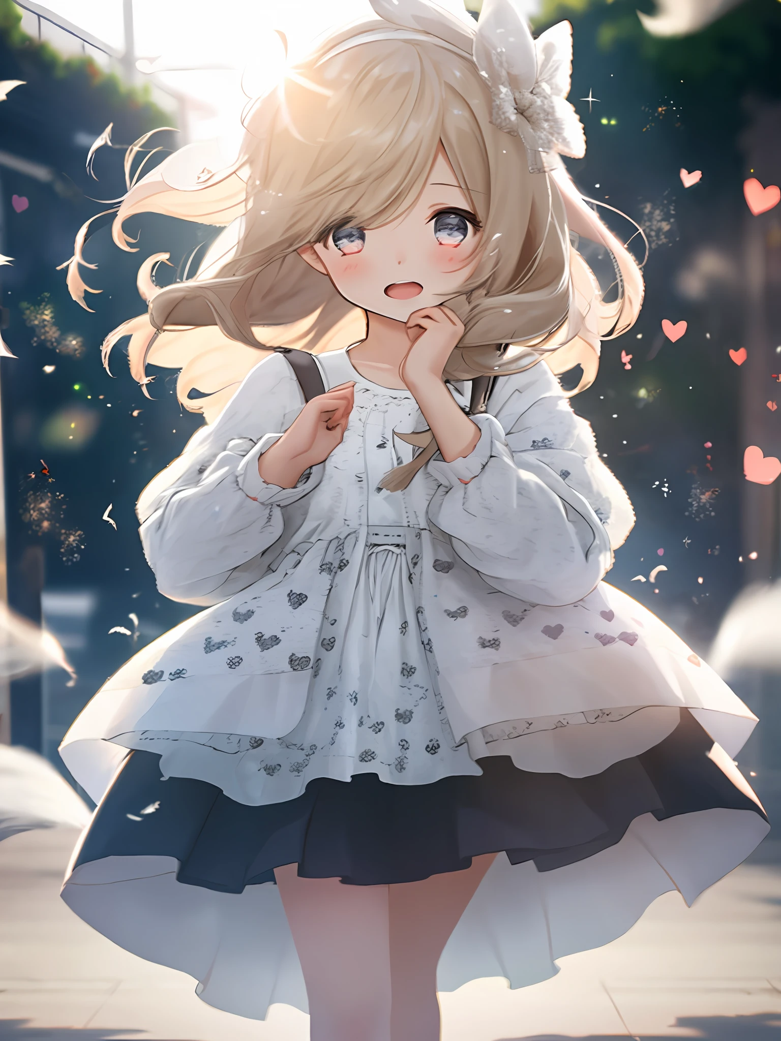 A girl, wearing a skirt, the wind blows the skirt, full body portrait (shy: 1.1), (open mouth: 1.1), (eyes open: 1.2), bright light, background blur, depth of field, blurred background, light particles, strong wind, (heart particles: 1.1)