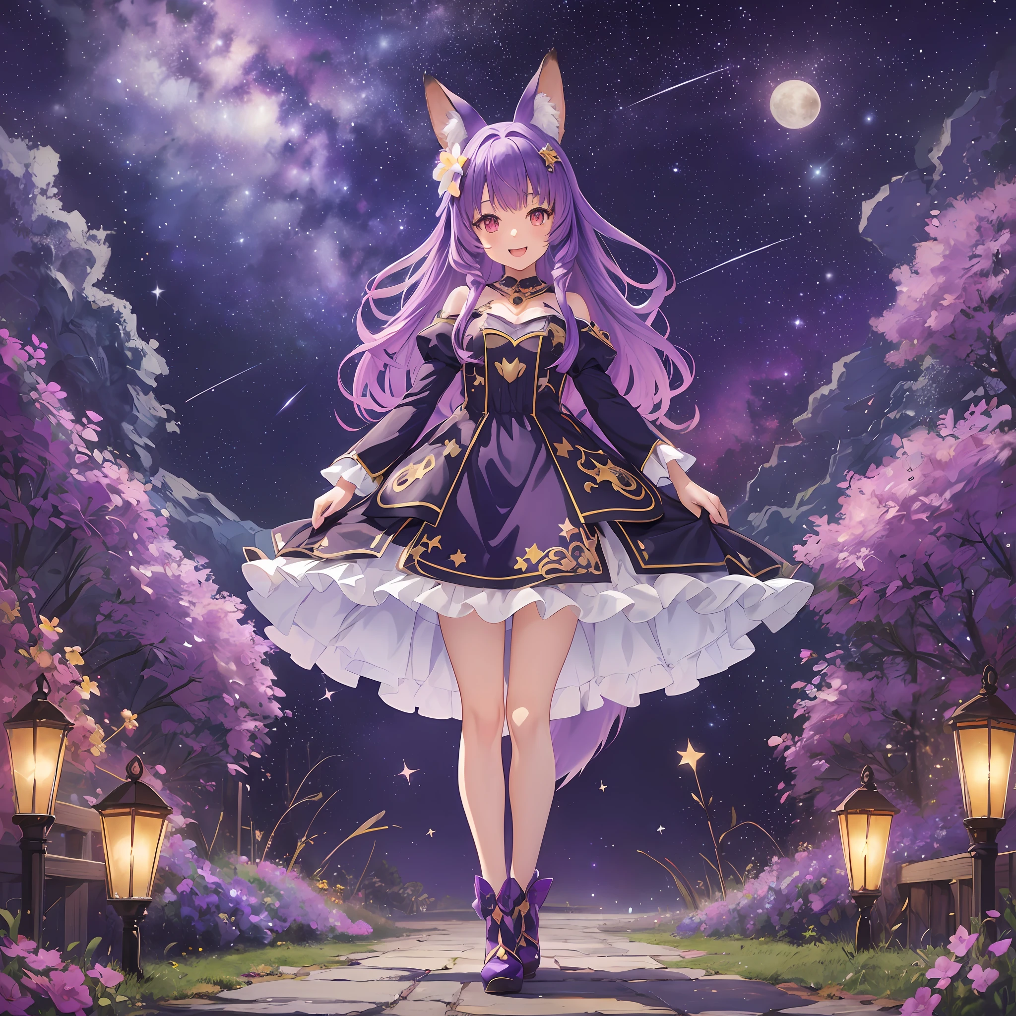 Fox ears, fox tail, purple hair, ((fantasy)), princess, dress, standing picture, standing figure, , petite, (((starry sky)), flower garden, night, milky way, moon, ((full body)), ((masterpiece)), (((anime)), smile, open mouth, front