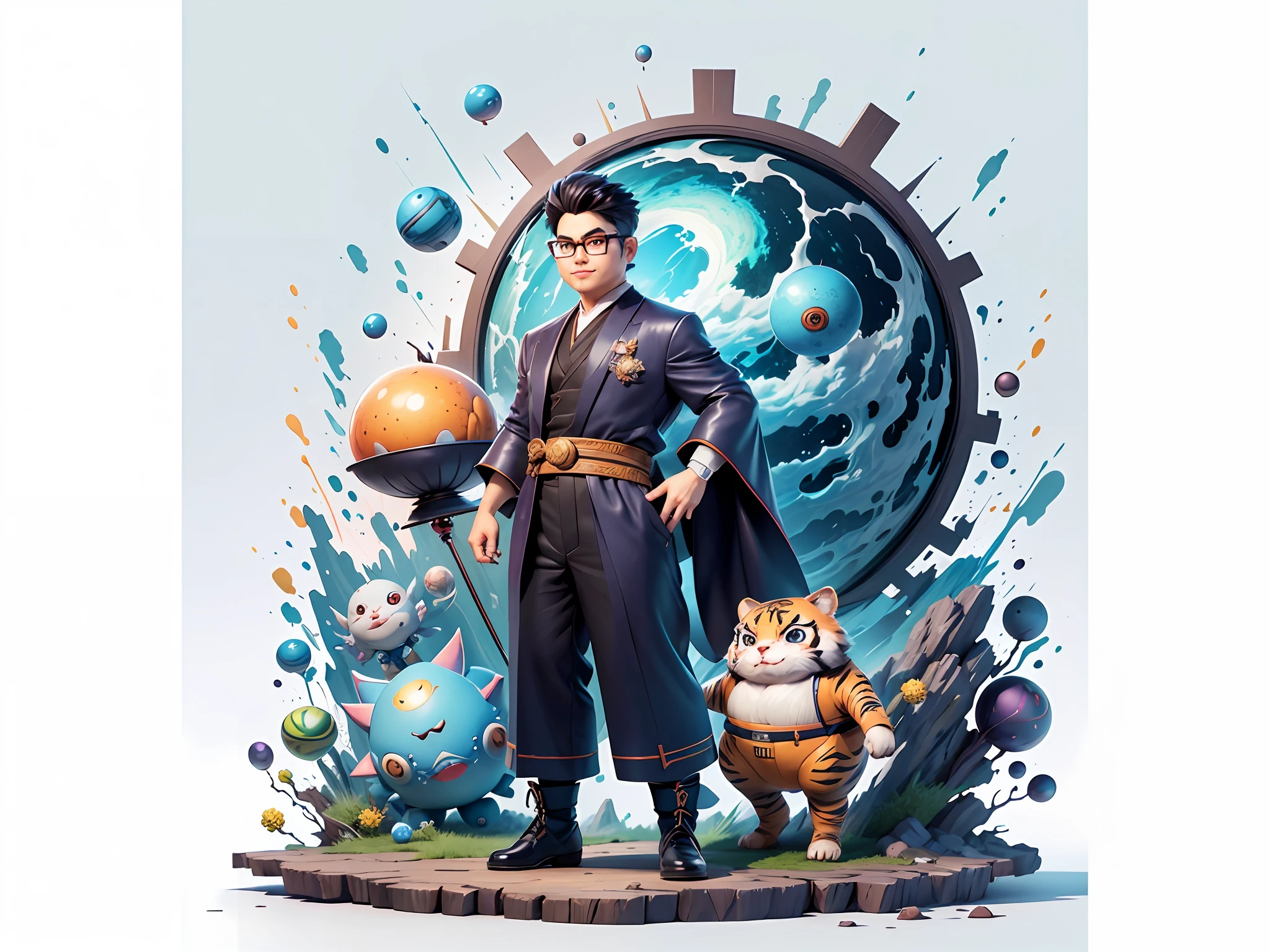 (Masterpiece), (Excellent), (Super Meticulous), (Full Body: 1.2), Super Young Man, Oriental Face, Japanese Kimono, Japanese Wind Thunder God, Dragon, Tiger, TV Anchor, Bust Portrait Illustration, Alone, Black Suit, Blue Tie, Slightly Chubby Face, Silver Glasses, Very Clean Face, No Beard, Black Super Short Hair, Black Eyes, Confident Smile, 3c Computer Sub-Products, iPad, iPhone, Digital Painting, 3D Character Design by Akira Toriyama and Mark Claireden and Pixar and Hayao Miyazaki, The illustration is a high-definition illustration in 4K resolution with very detailed facial features and cartoon-style visuals.