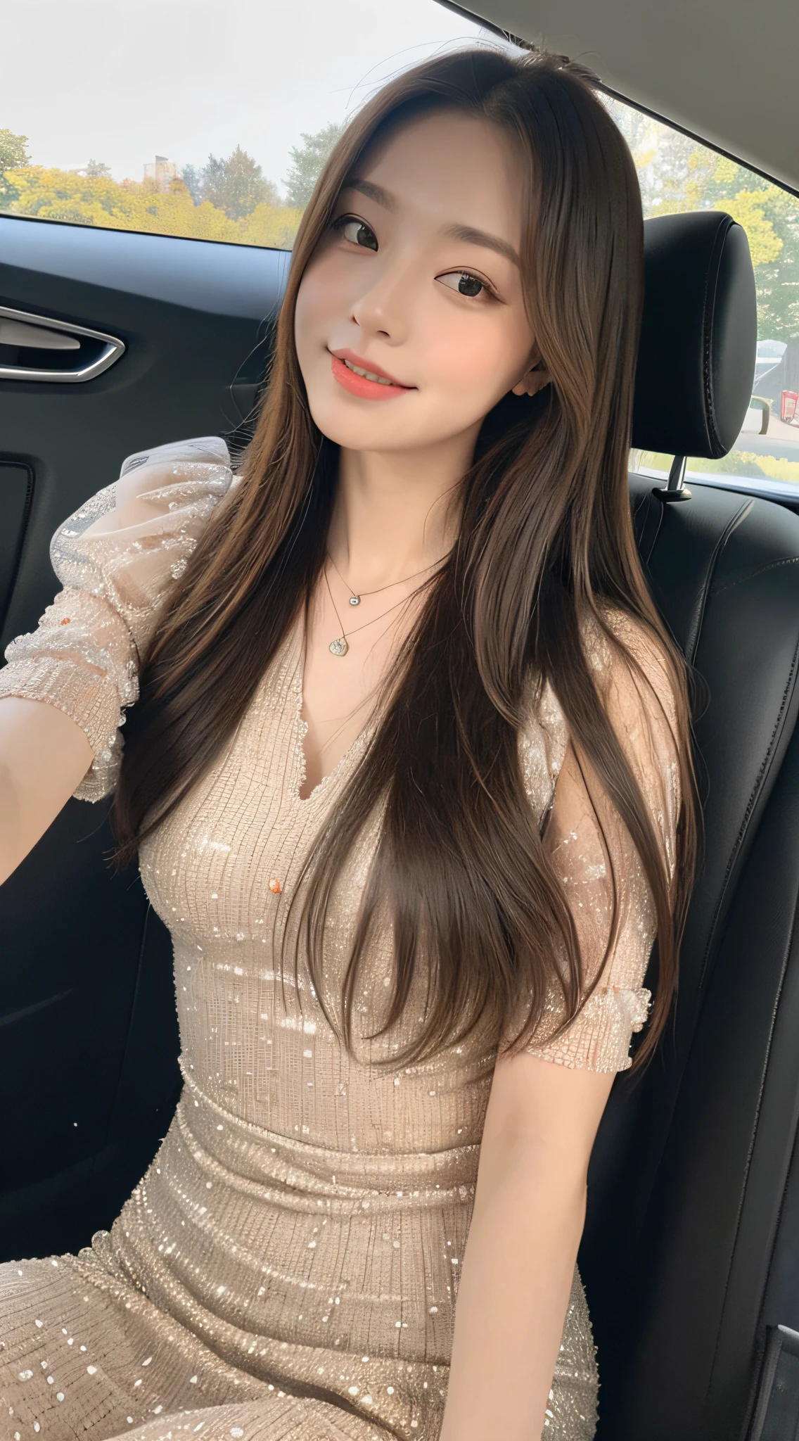 ((Best Quality, 8k, Masterpiece: 1.3)), Focus: 1.2, Perfect Body Beauty: 1.4, Buttocks: 1.2, ((Delicate Long Hair)), (Sparkling Dress: 1.1) , (Sports car, street: 1.2), Highly detailed face and skin texture, Fine eyes, Double eyelids, Whitened skin, Smile, Wearing necklace, ring, person sitting inside a car.