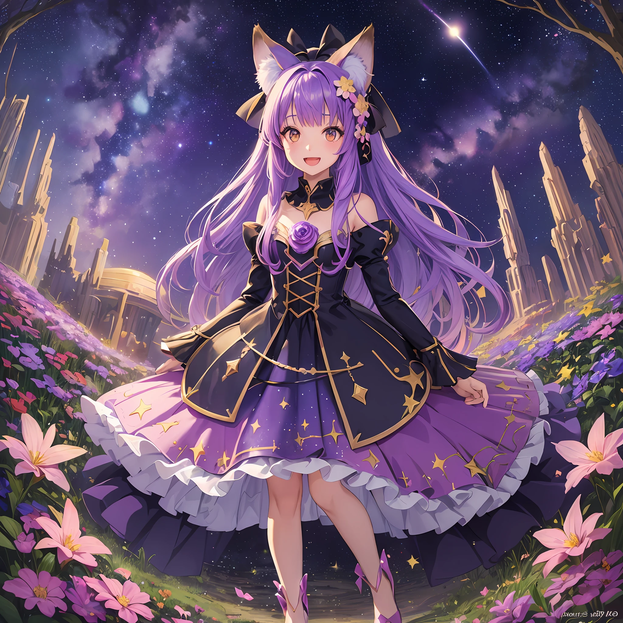 Fox ears, fox tail, purple hair, ((fantasy)), princess, dress, standing picture, standing figure, li, pee, (((starry sky)), flower garden, night, milky way, moon, ((full body)), ((masterpiece)), (((anime)), smile, open mouth, front