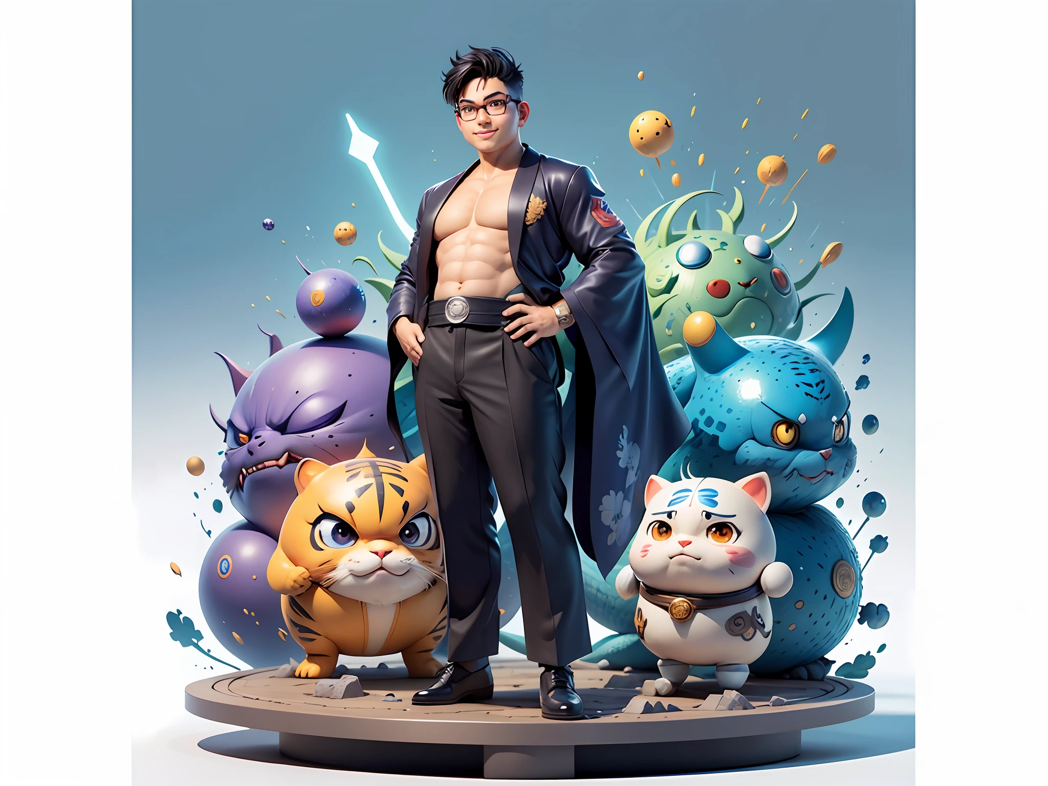 (Masterpiece), (Excellent), (Super Meticulous), (Full Body: 1.2), Super Young Man, Oriental Face, Japanese Kimono, Japanese Wind Thunder God, Dragon, Tiger, TV Anchor, Bust Portrait Illustration, Alone, Black Suit, Blue Tie, Slightly Chubby Face, Silver Glasses, Very Clean Face, No Beard, Black Super Short Hair, Black Eyes, Confident Smile, 3c Computer Sub-Products, iPad, iPhone, Digital Painting, 3D Character Design by Akira Toriyama and Mark Claireden and Pixar and Hayao Miyazaki, The illustration is a high-definition illustration in 4K resolution with very detailed facial features and cartoon-style visuals.
