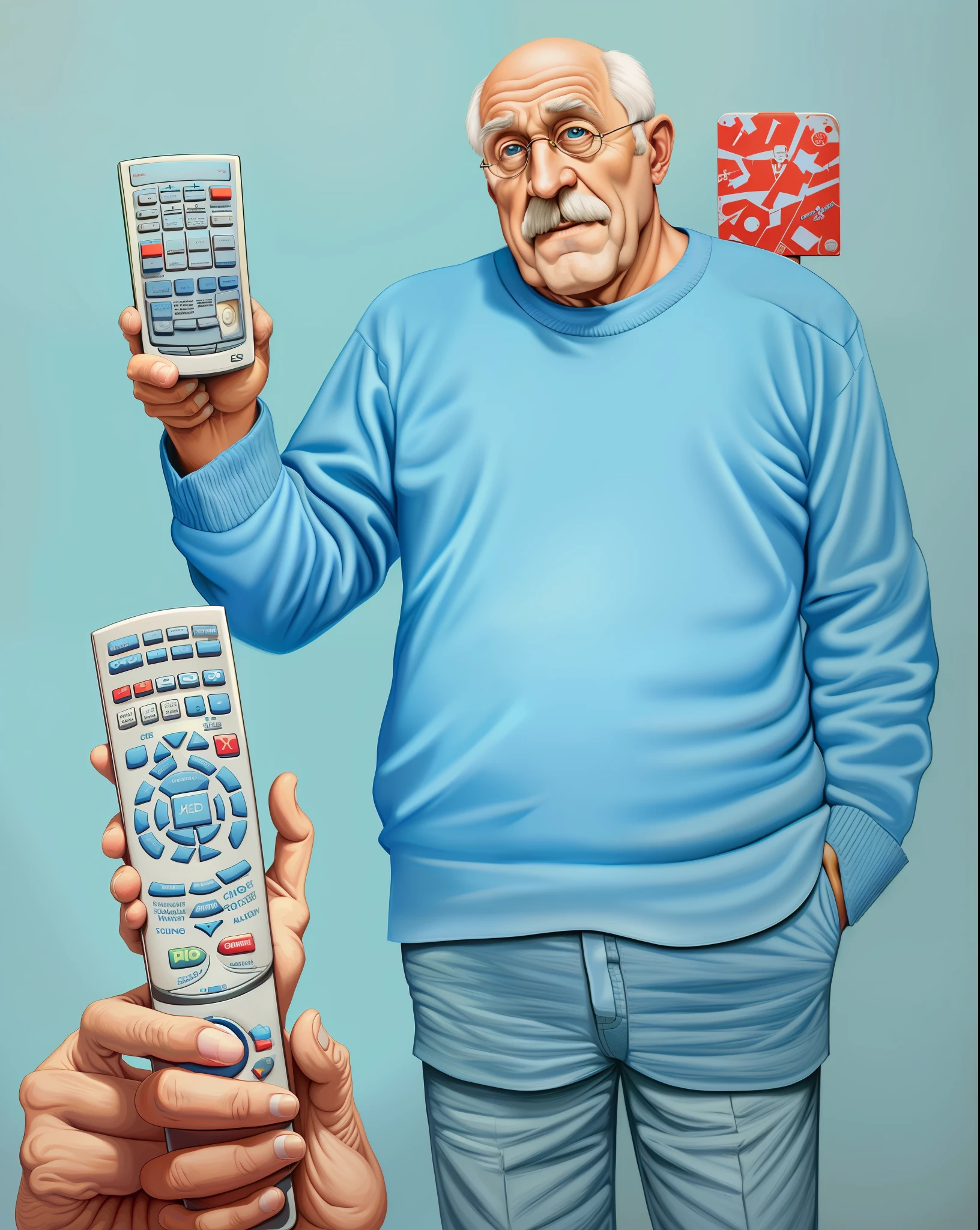 painting of a man holding two remote controls in his hands, alex gross, by Loren Munk, by Milton Menasco, technological anguish, illustration | rutkowski, by Ben Zoeller, commercial illustration, by Pedro Pedraja, mad magazine illustration, editorial illustration, movie artwork, hyperrealistoc, mort drucker illustration, inspired by Heinz Anger