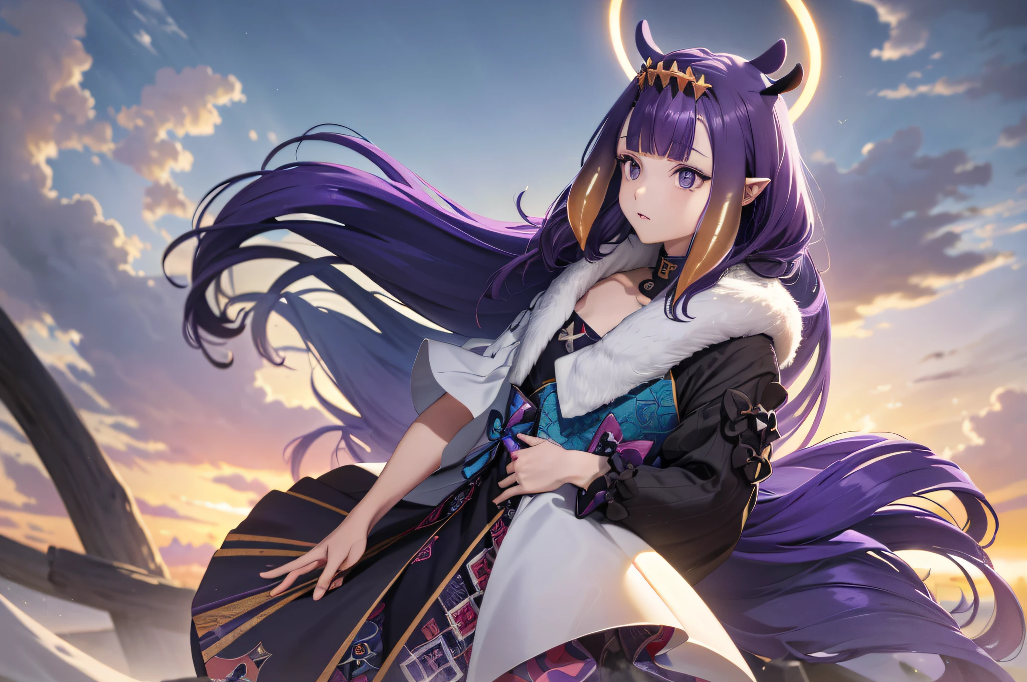 (人物: Ninomae Ina'Nis), {purple hair}, tentacle hair, purple eyes, a golden tiara, absurdres, highres, (official art, beautiful and aesthetic:1.2), close view,
shining sky, vast world, girl, gazing, awe-inspiring expression, distant horizon, clouds, high hill, natural beauty, inspiration, light effects,