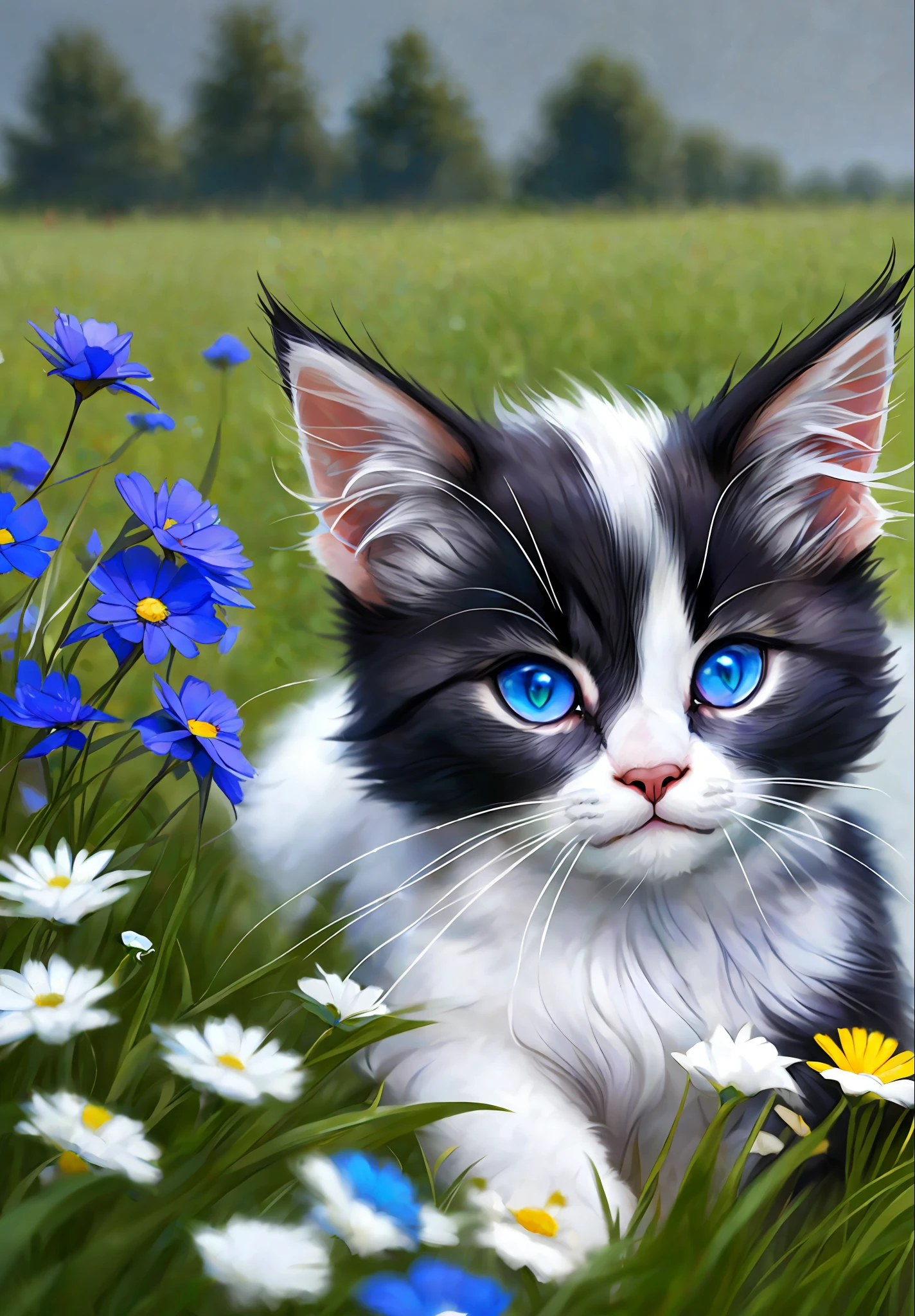 (a kitten with white hair, sapphire-colored eyes, and a pinch of black fur on its head enjoying the sun), flat view, close-up, meadow, bright tones, oxygen (1.2), gravel path (dreamy: 1.2)