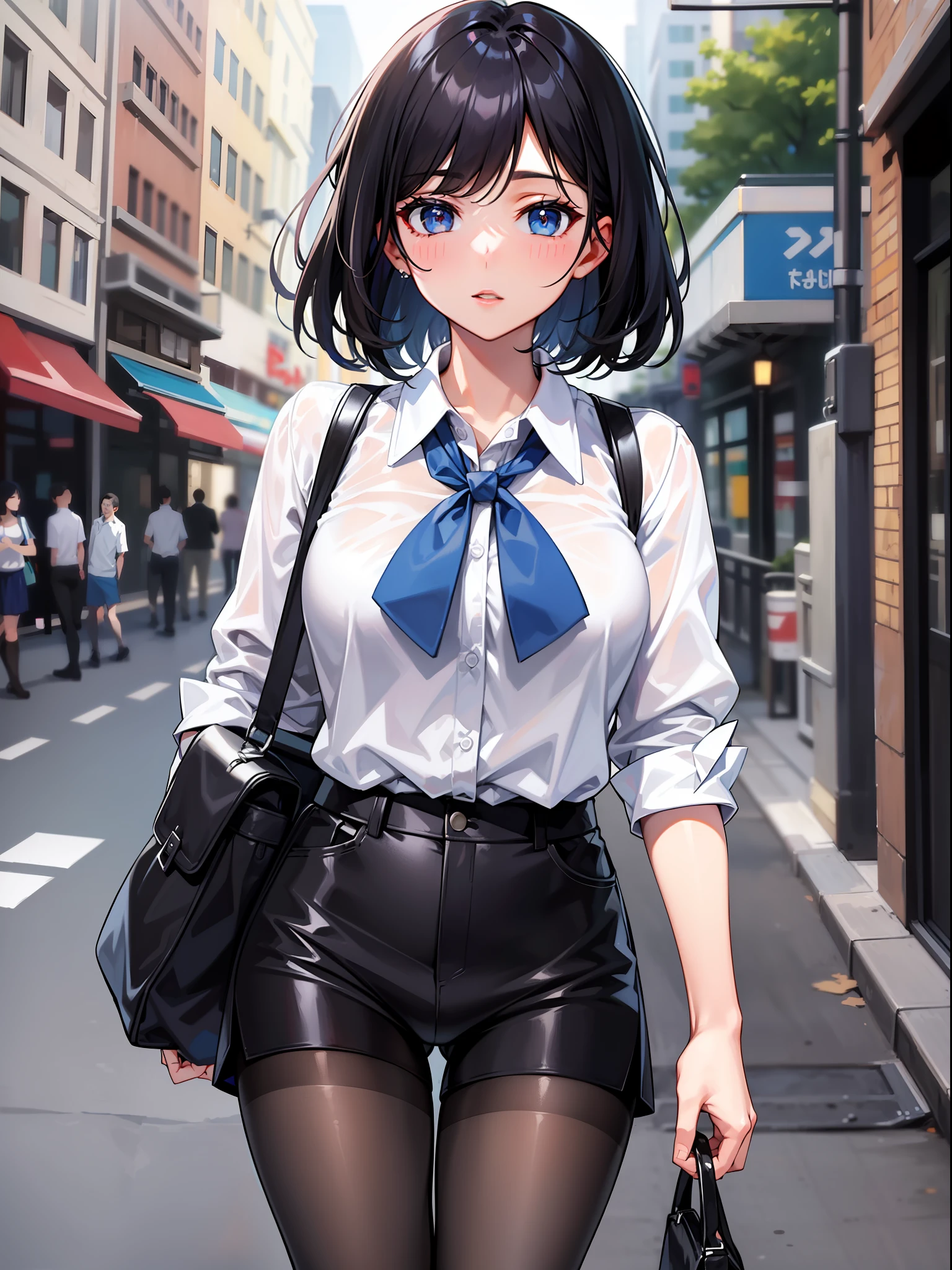 Black hair short, short clothes with white collar sleeves, blue shorts, black pantyhose, girl, outdoor