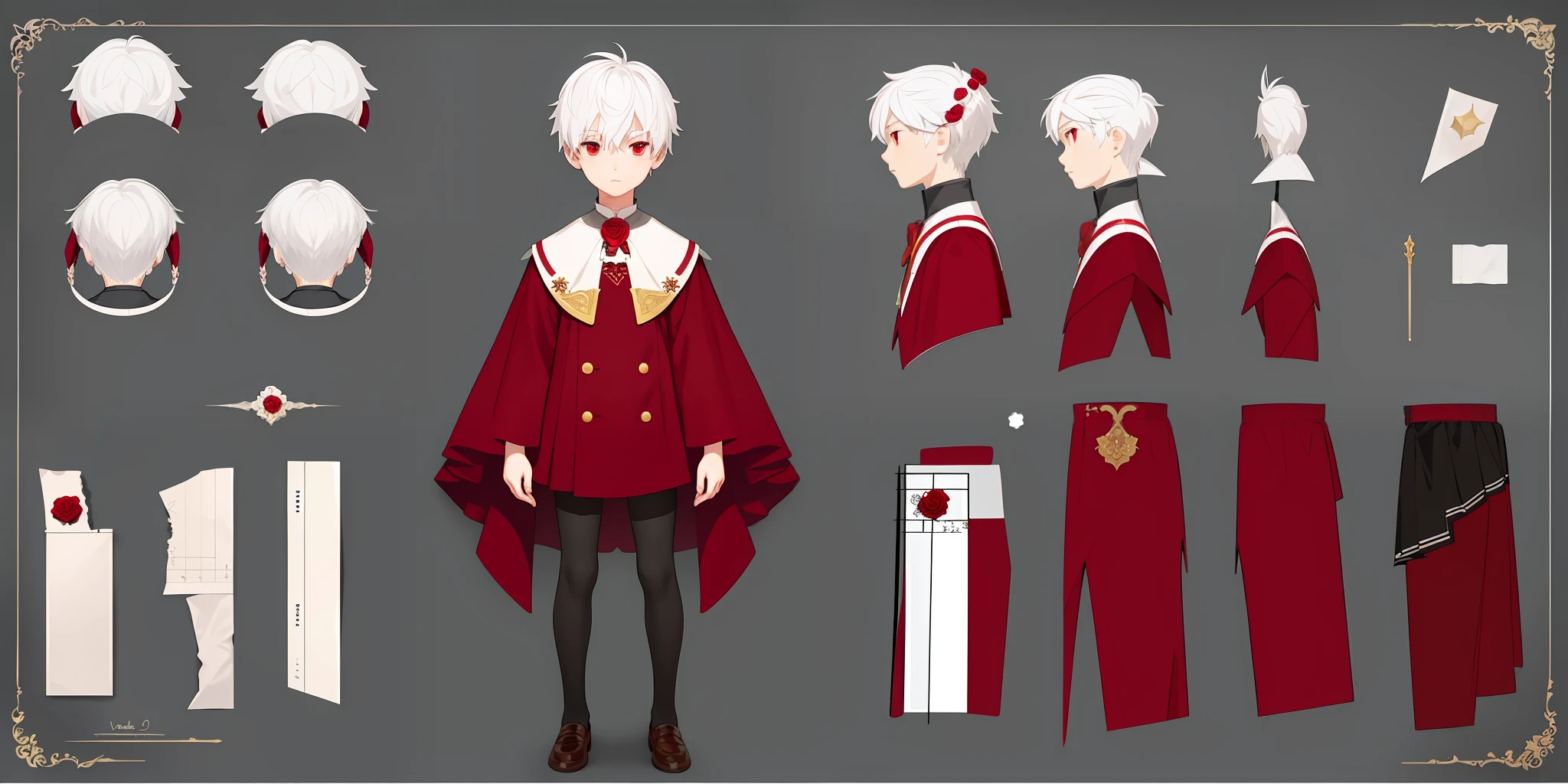 1boy, solo, short white hair, red eyes, masterpiece, best quality, looking at around, full body, 150cm tall, child, detailed, black school uniform, short shorts, red rose as accessory, concept art, character concept art, character sketch, reference sheet, character sheet