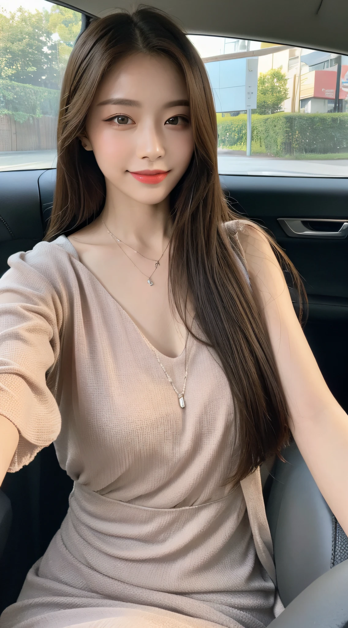 ((Best Quality, 8k, Masterpiece: 1.3)), Focus: 1.2, Perfect Body Beauty: 1.4, Buttocks: 1.2, ((Delicate Long Hair)), (Sparkling Dress: 1.1) , (Sports car, street: 1.2), Highly detailed face and skin texture, Fine eyes, Double eyelids, Whitened skin, Smile, Wearing necklace, ring, person sitting inside a car.