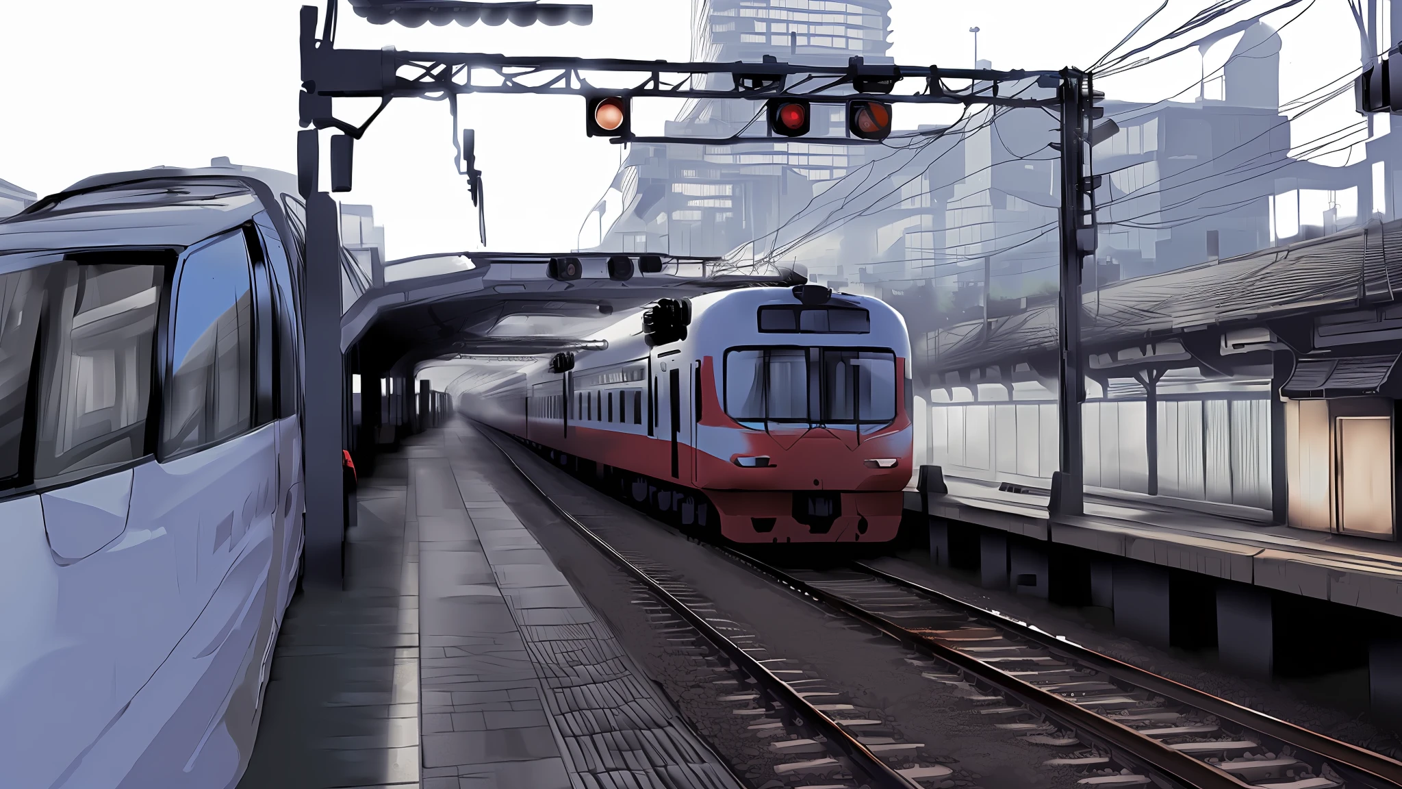 There is a white train running straight on the city's tracks,