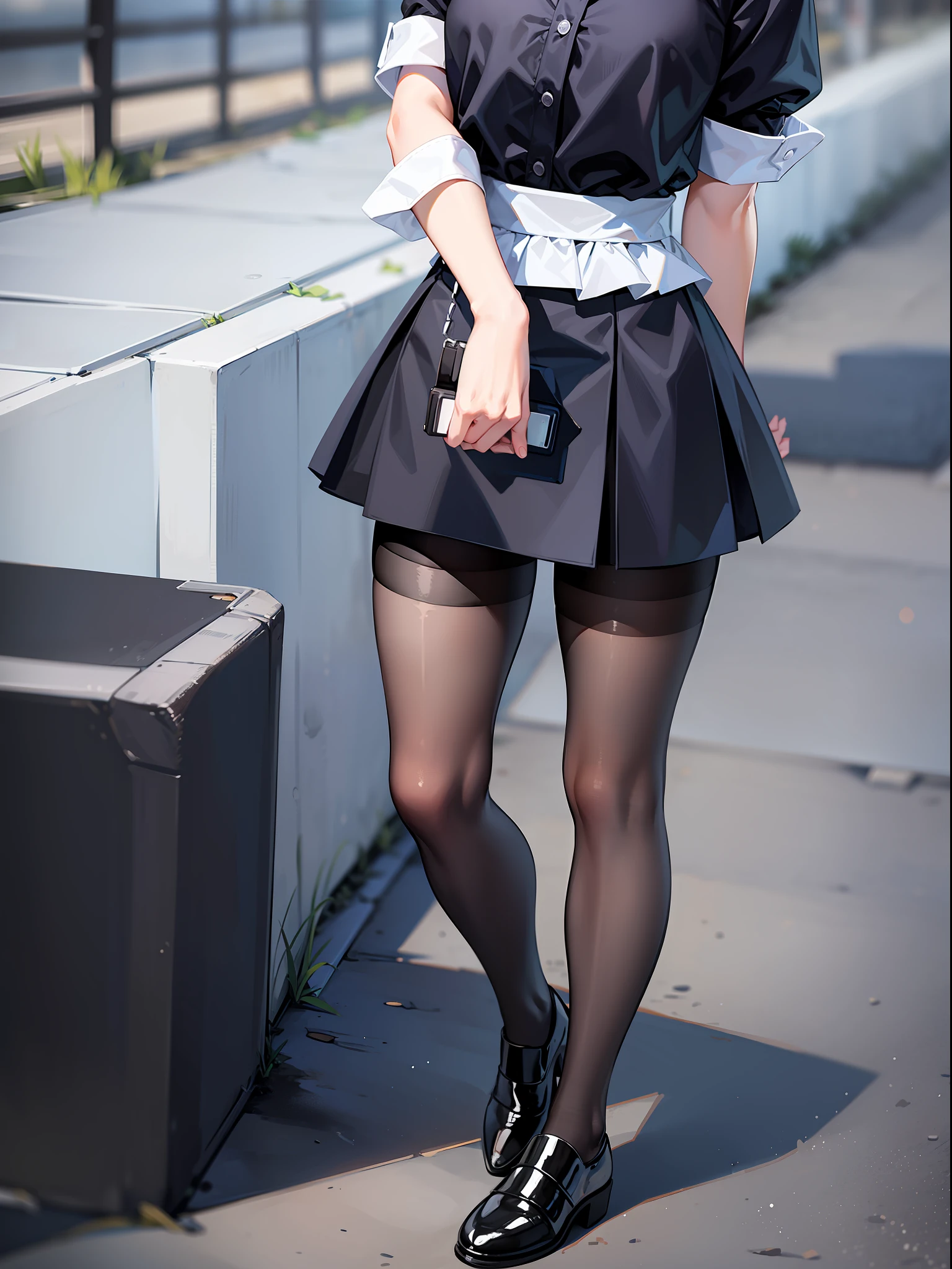 Black hair short, short clothes with white collar sleeves, blue shorts, black pantyhose, girl, outdoor