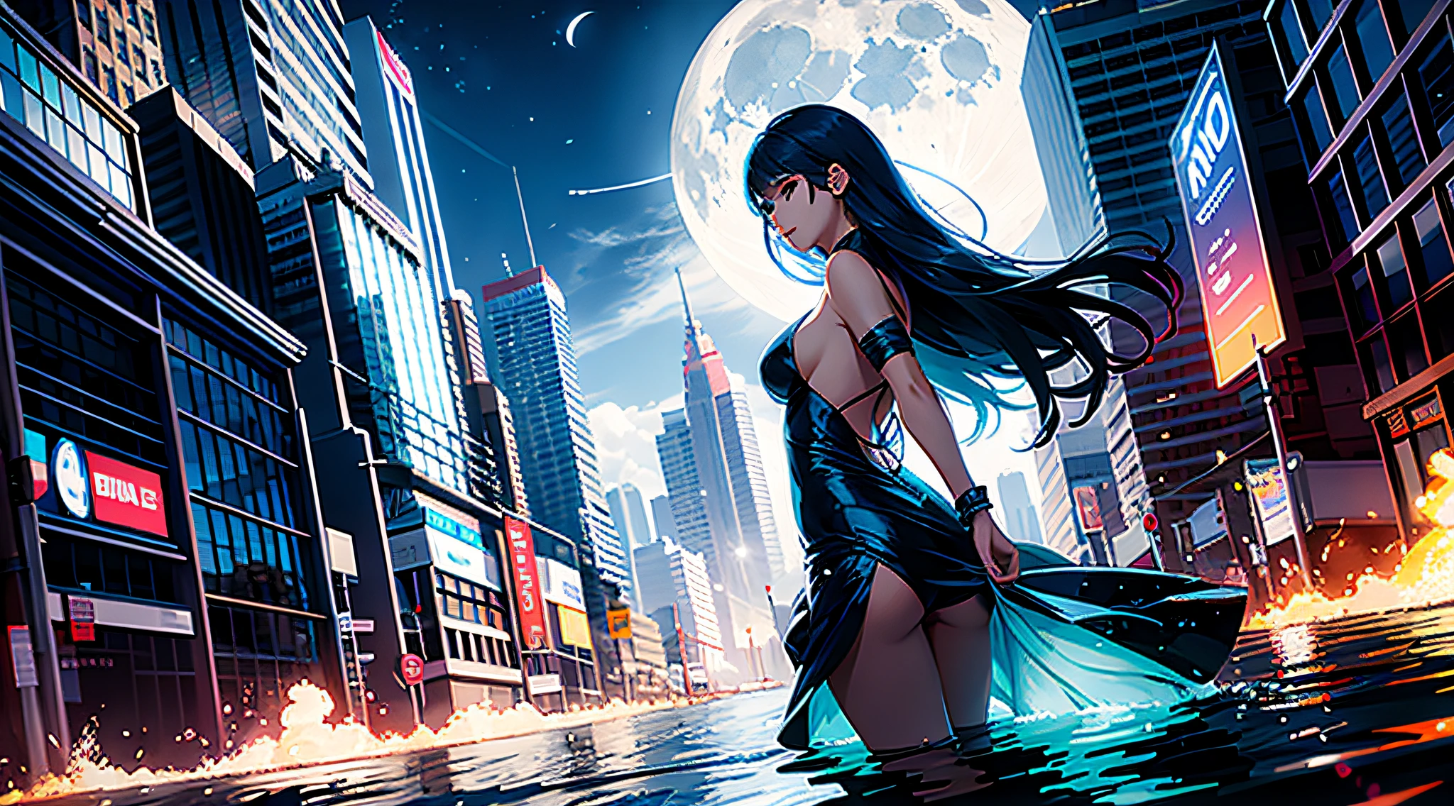 A woman, the moon, a fire explosion, water magic, exaggerated action, perfect light, futuristic city