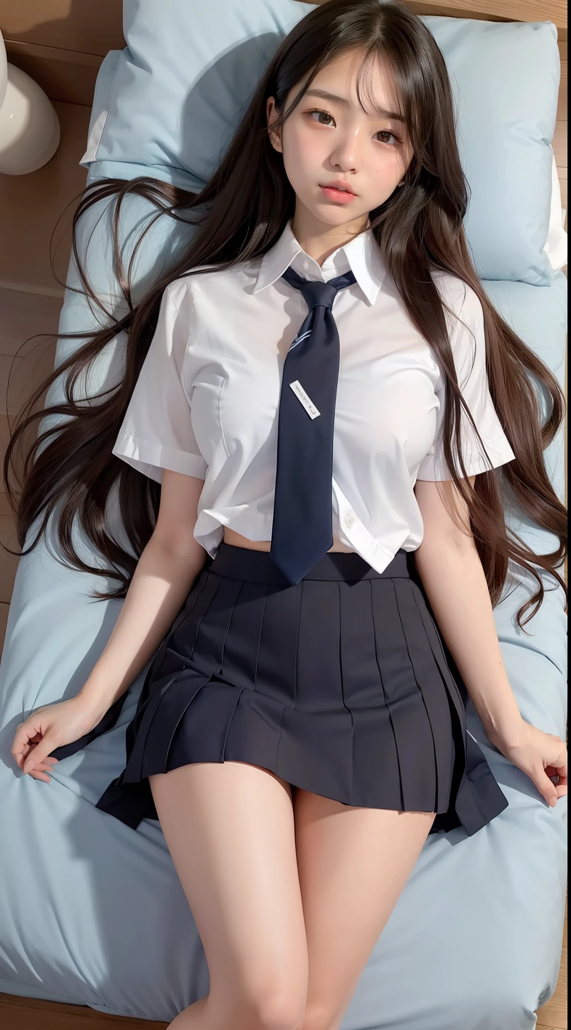 Japan girl, old girl, wavy little long hair, black hair, brown eyes, perfect figure, transparency, luster, luster, modest breasts, thin waist, school uniform, navy blue tie, navy blue skirt, light blue shirt, pink underwear, gravure idol, bed, sleeping, hiding crotch with both hands