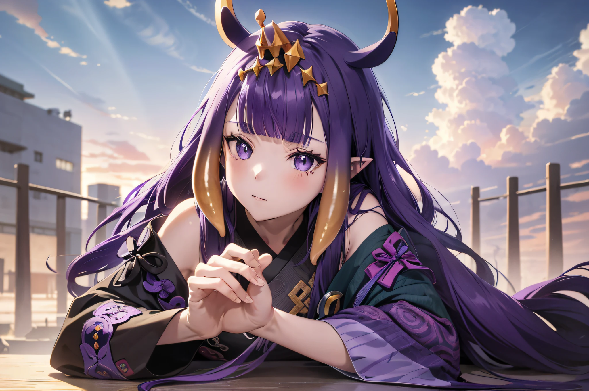 (人物: Ninomae Ina'Nis), {purple hair}, tentacle hair, purple eyes, a golden tiara,  absurdres, highres, (official art, beautiful and aesthetic:1.2), close view,
shining sky, vast world, girl, gazing, awe-inspiring expression, distant horizon, clouds, high hill, natural beauty, inspiration, light effects,