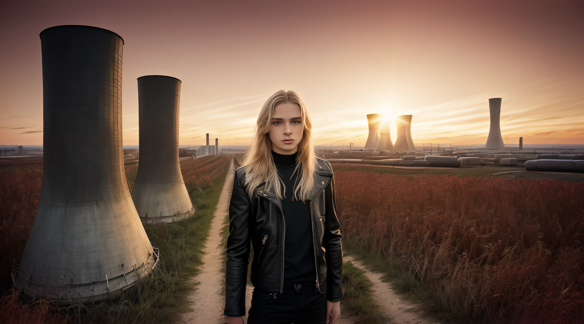 BOYS , PORTRAIT, WITH LONG BLOND HAIR, WITH BLACK LEATHER JACKETS AND BLACK CLOTHING, nuclear power plant with radioactive barrels in a field, nuclear wasteland, nuclear waste, post-nuclear fallout, future of nuclear energy, nuclear fallout, radioactive wasteland, nuclear energy, nuclear power, nuclear reactor, nuclear aftermath, post-nuclear, nuclear power plant, nuclear, radioactive particles, nuclear art, toxic waste, polluted, radioactive peak field, pollution, RED BACKGROUND.