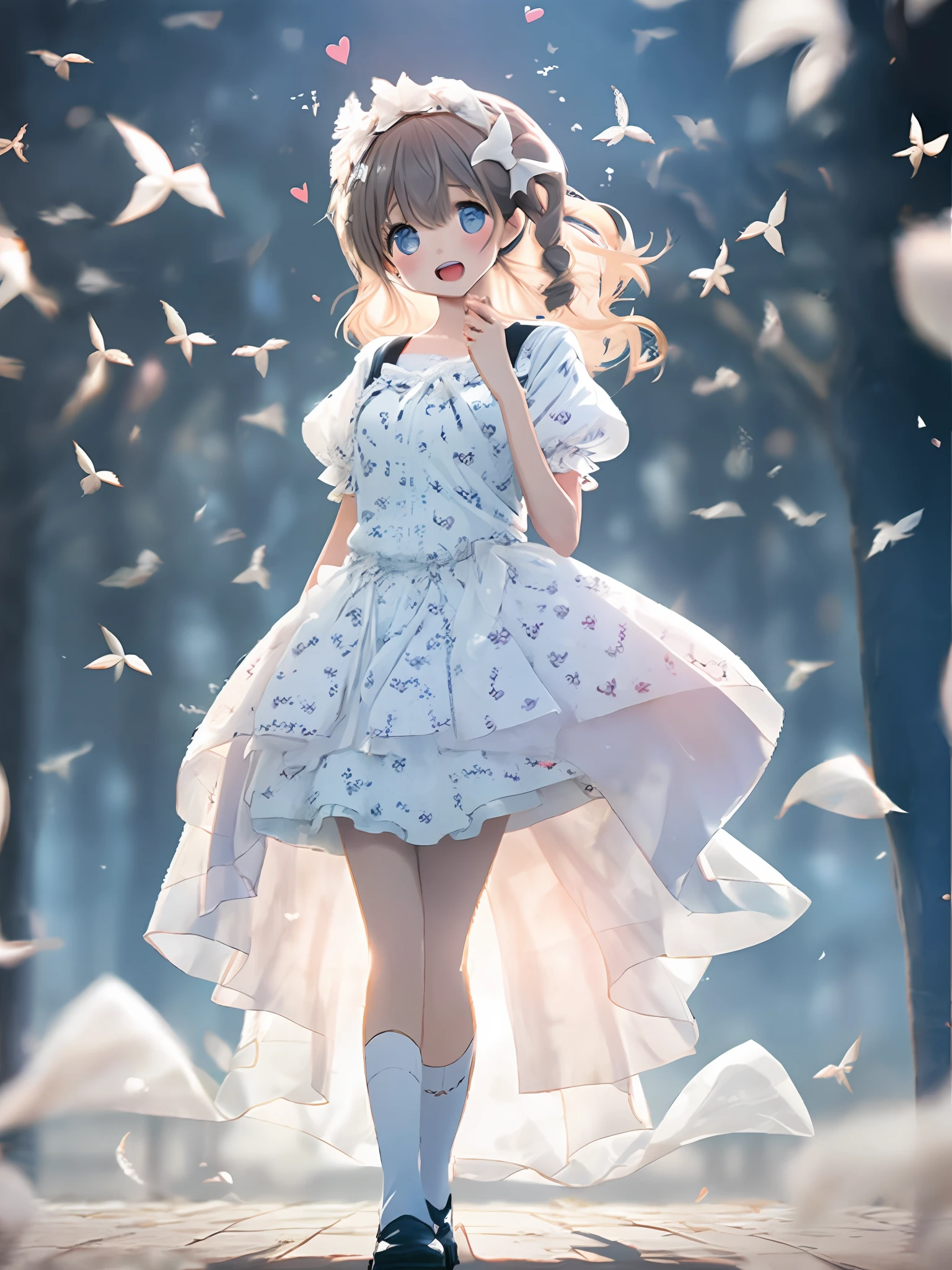 A girl, wearing a skirt, the wind blows the skirt, full body portrait (shy: 1.1), (open mouth: 1.1), (eyes open: 1.2), bright light, background blur, depth of field, blurred background, light particles, strong wind, (heart particles: 1.1)