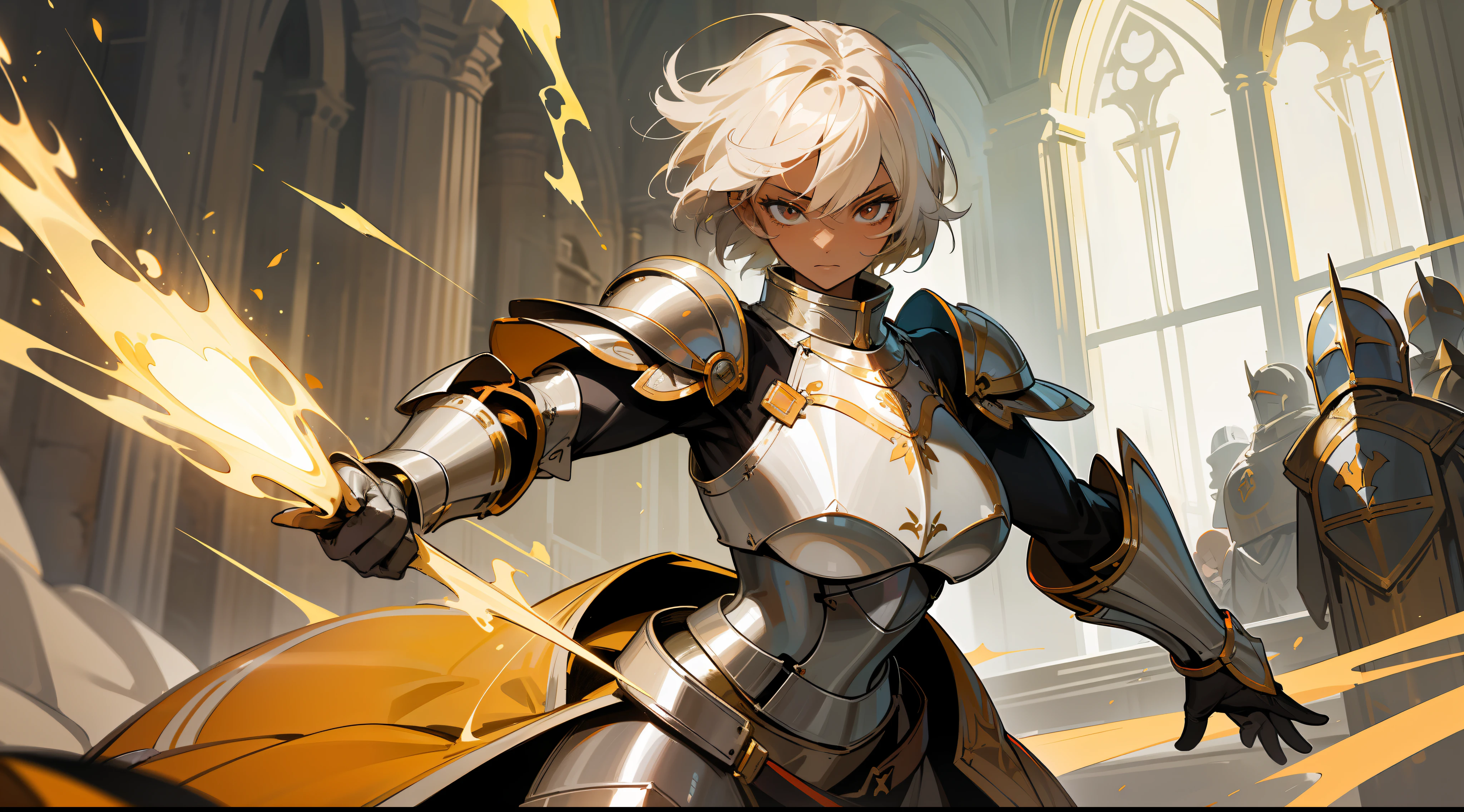 masterpiece, best quality, mature woman, light beige short hair, dark skin, light gray eye, paladin, orange golden heavy armor, breastplate, large shoulder pads, fantasy, medieval, in a battle arena, dynamic pose, beautiful detailed glow.