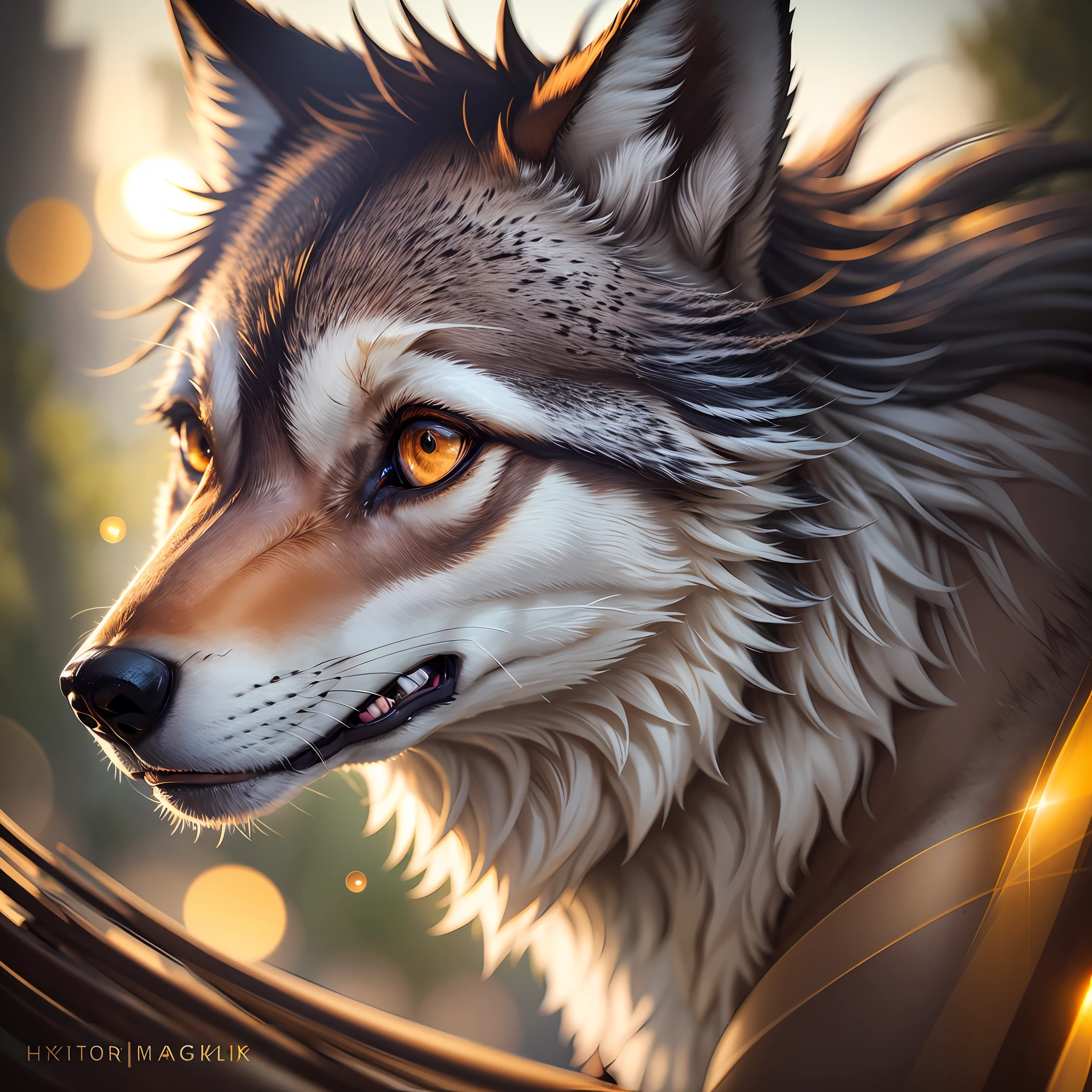 A wolf, professional light, 8k depth of field, in the golden magic hour, professional photography, octane rendering, hyper realistic - amazing sunlight, dynamic composition, photography, sharp focus, Bokeh --auto --s2