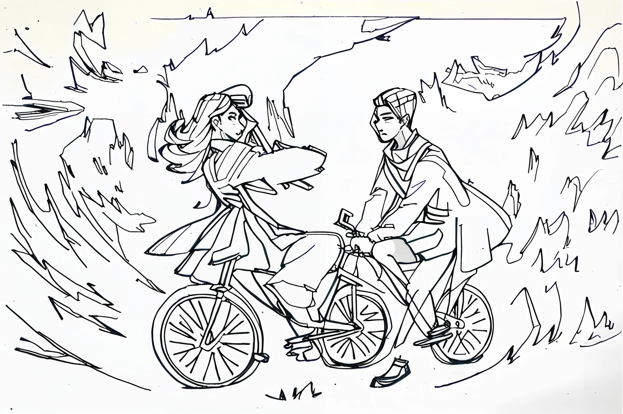 Drawings of men and women cycling in meadows, nature, hillsides, concept pieces, coloring - in worksheets, full-page illustrations, coloring book pages, extremely fine ink line art, stylized lines, (inktober), Britney Lee, inspired by Henry Justice Ford, Jamie Coulson, Clean Lines, Charlie Beauvott and Artgeem, romantic vignette!