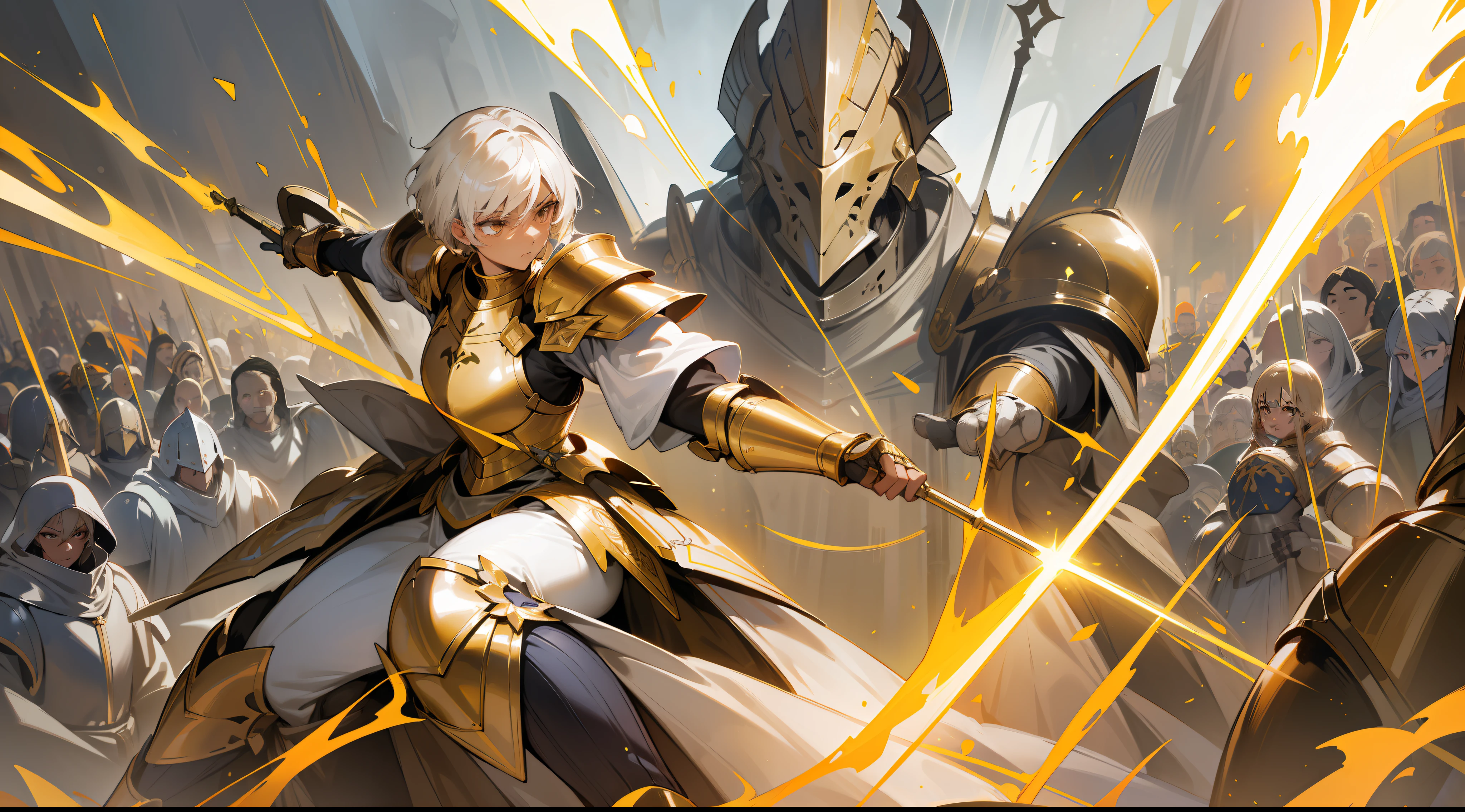 masterpiece, best quality, mature woman, light beige short hair, dark skin, light gray eye, paladin, orange golden heavy armor, breastplate, large shoulder pads, fantasy, medieval, in a battle arena, dynamic pose, beautiful detailed glow.