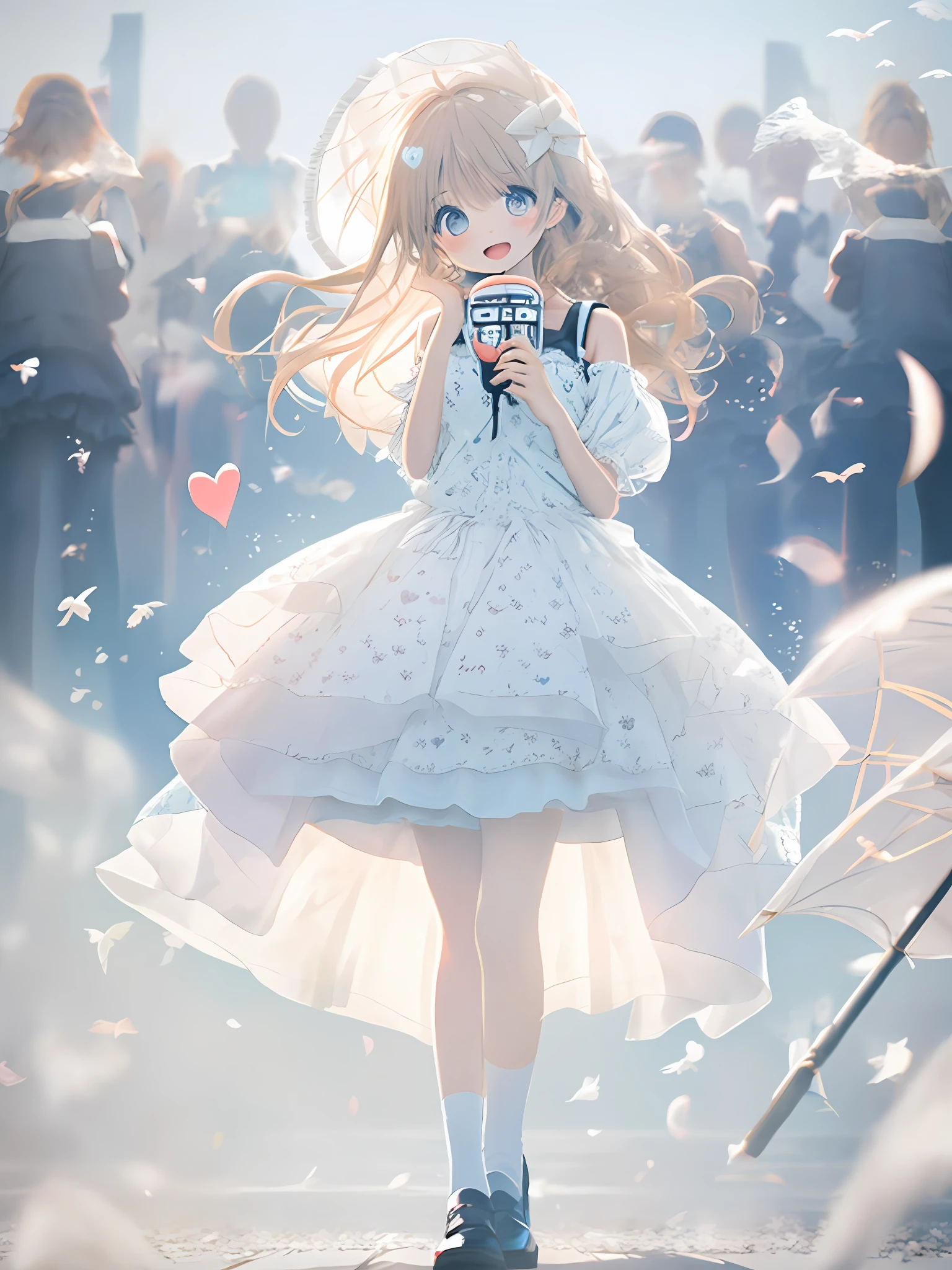 A girl, wearing a skirt, the wind blows the skirt, full body portrait (shy: 1.1), (open mouth: 1.1), (eyes open: 1.2), bright light, background blur, depth of field, blurred background, light particles, strong wind, (heart particles: 1.1)