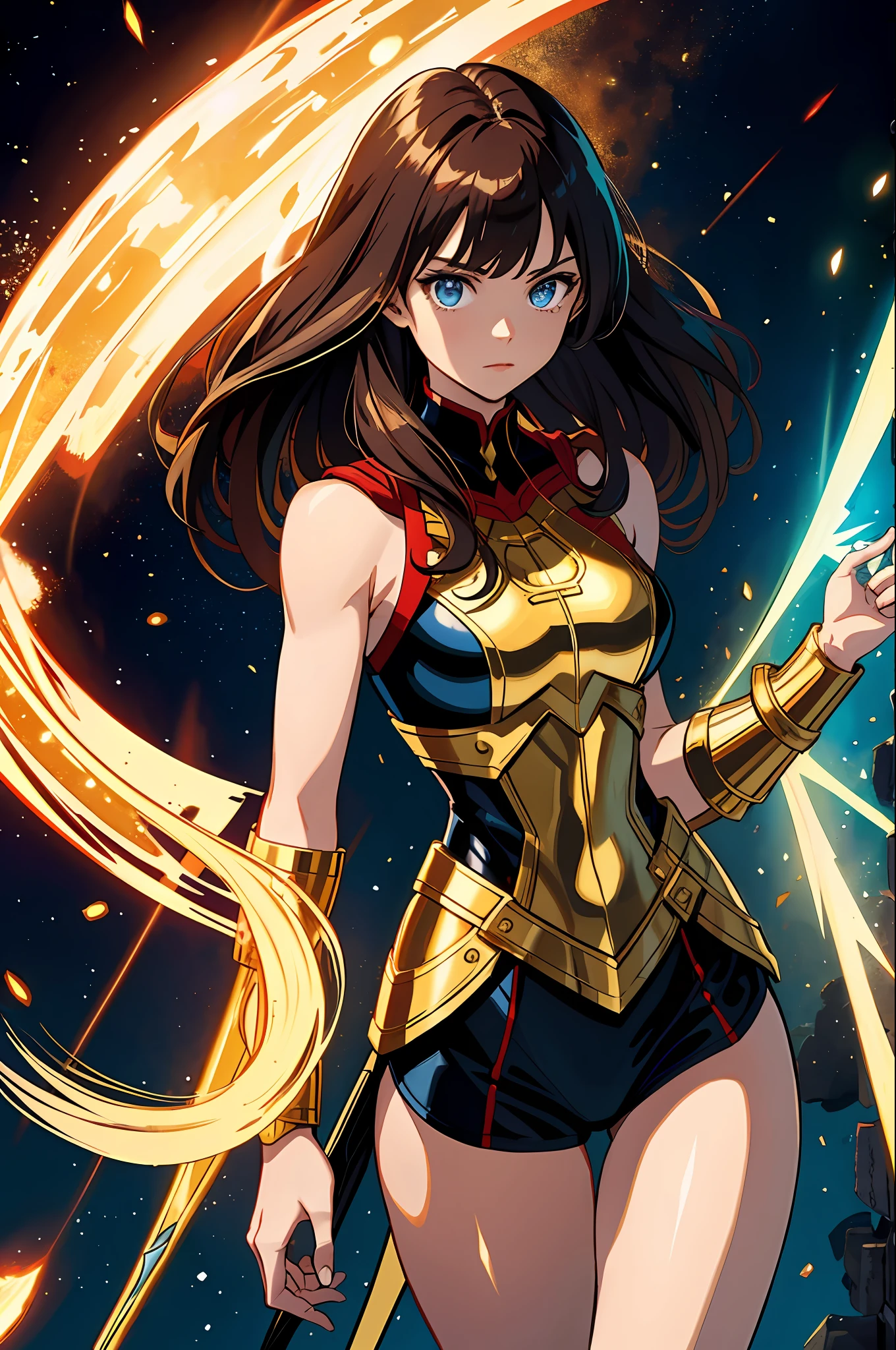 marvel super heroine, the eternals, original character, character based on the eternals, 1girl, trage red, white and black, details in Gold, detailed background, semi-realistic, 2d illustration, golden bow and arrow, eternal-movie, movie character, sersi, brown hair, shoulder-length hair, asian girl, blue eyes