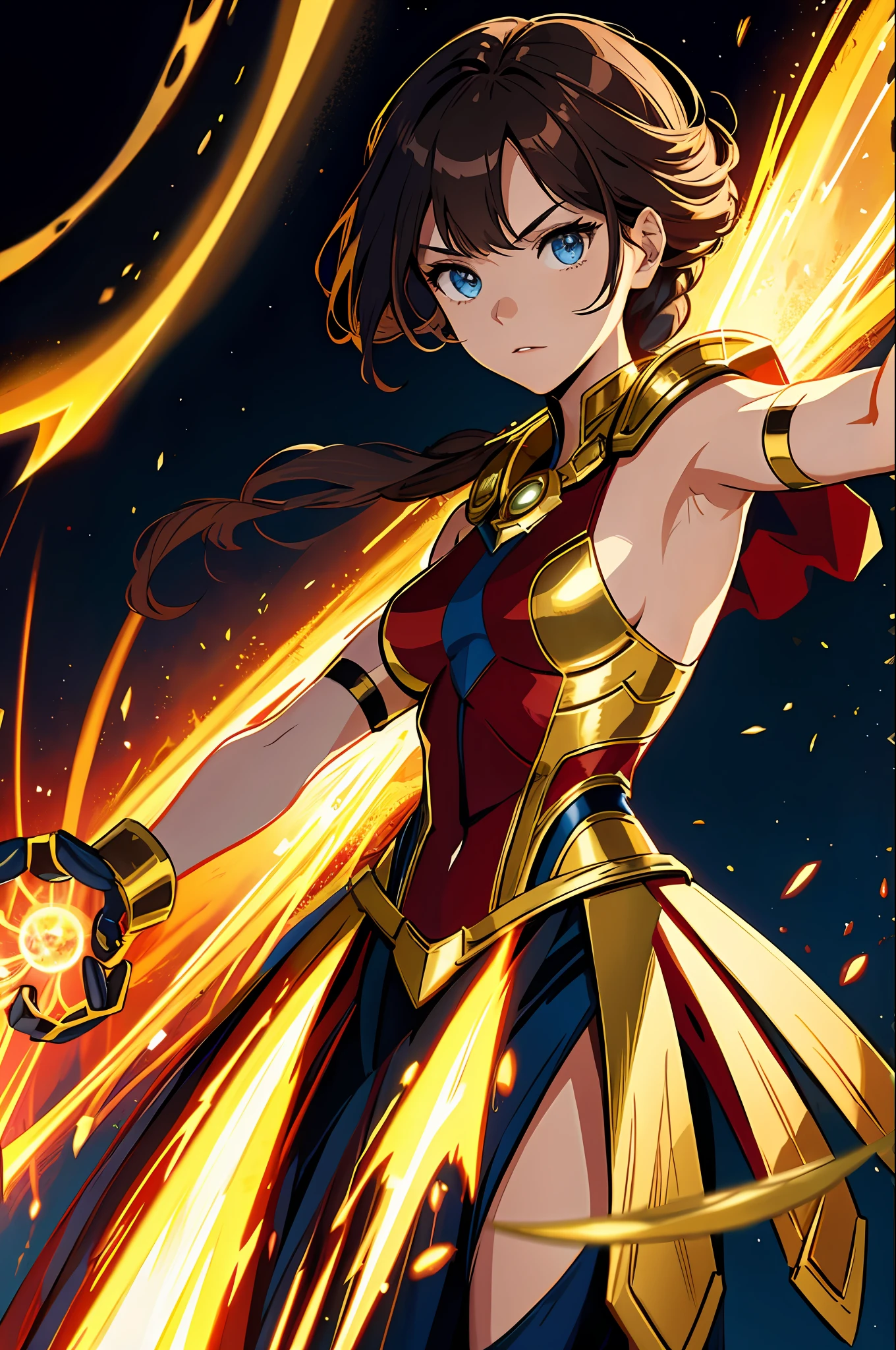 marvel super heroine, the eternals, original character, character based on the eternals, 1girl, trage red, white and black, details in Gold, detailed background, semi-realistic, 2d illustration, golden bow and arrow, eternal-movie, movie character, sersi, brown hair, shoulder-length hair, asian girl, blue eyes