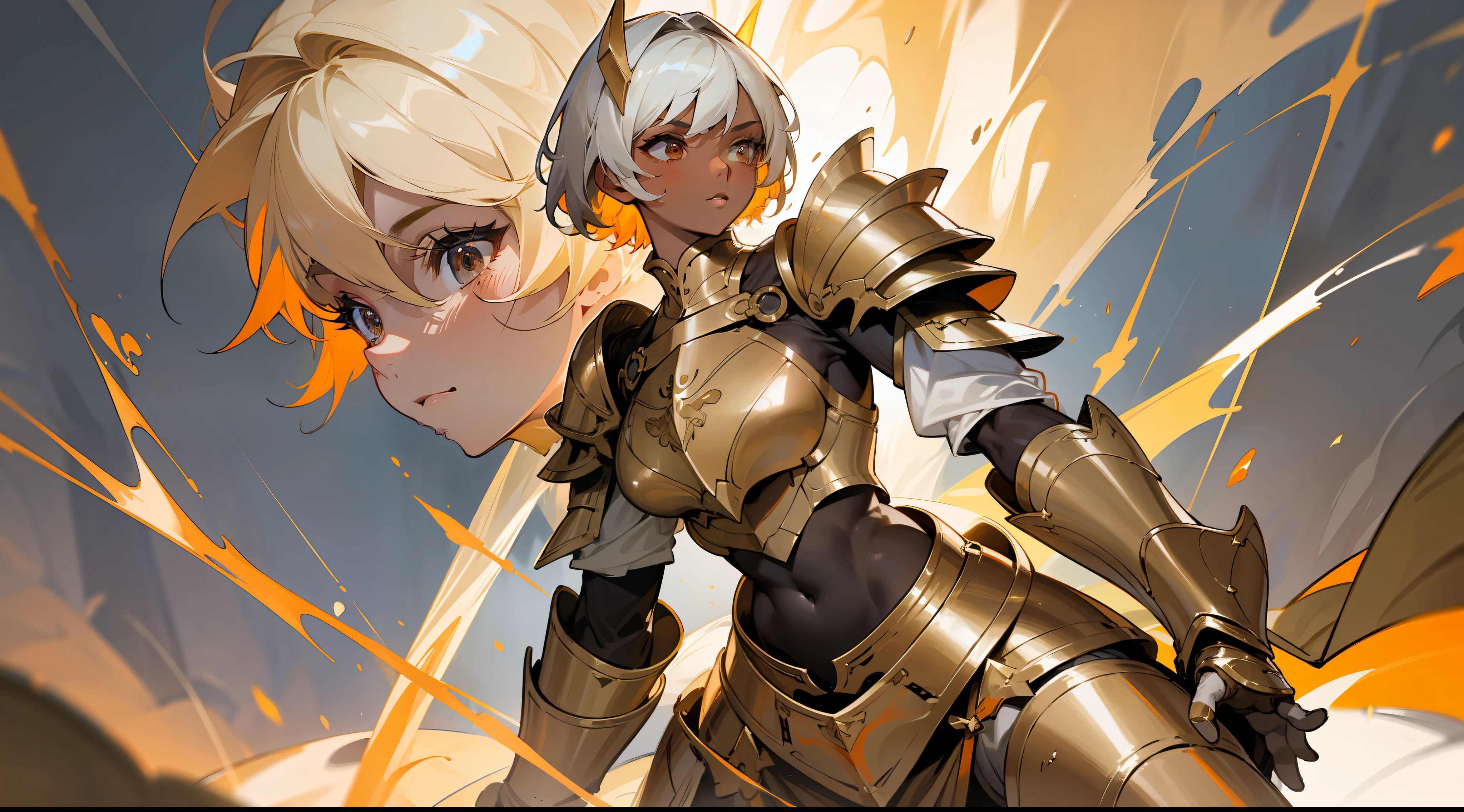 masterpiece, best quality, mature woman, light beige short hair, dark skin, light gray eye, paladin, orange golden heavy armor, breastplate, large shoulder pads, fantasy, medieval, in a battle arena, dynamic pose, beautiful detailed glow.