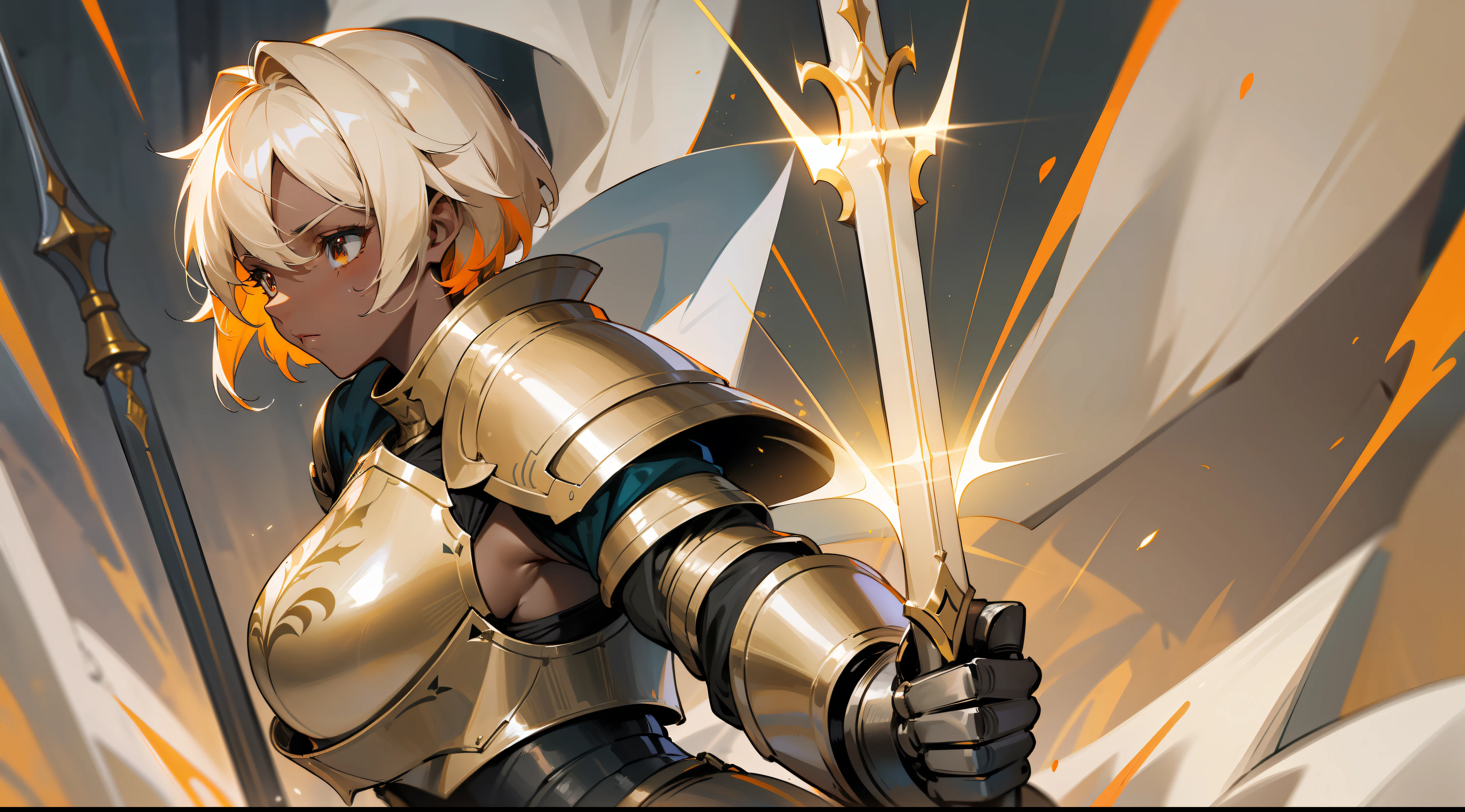 masterpiece, best quality, mature woman, light beige short hair, dark skin, light gray eye, paladin, orange golden heavy armor, breastplate, large shoulder pads, fantasy, medieval, in a battle arena, dynamic pose, beautiful detailed glow.