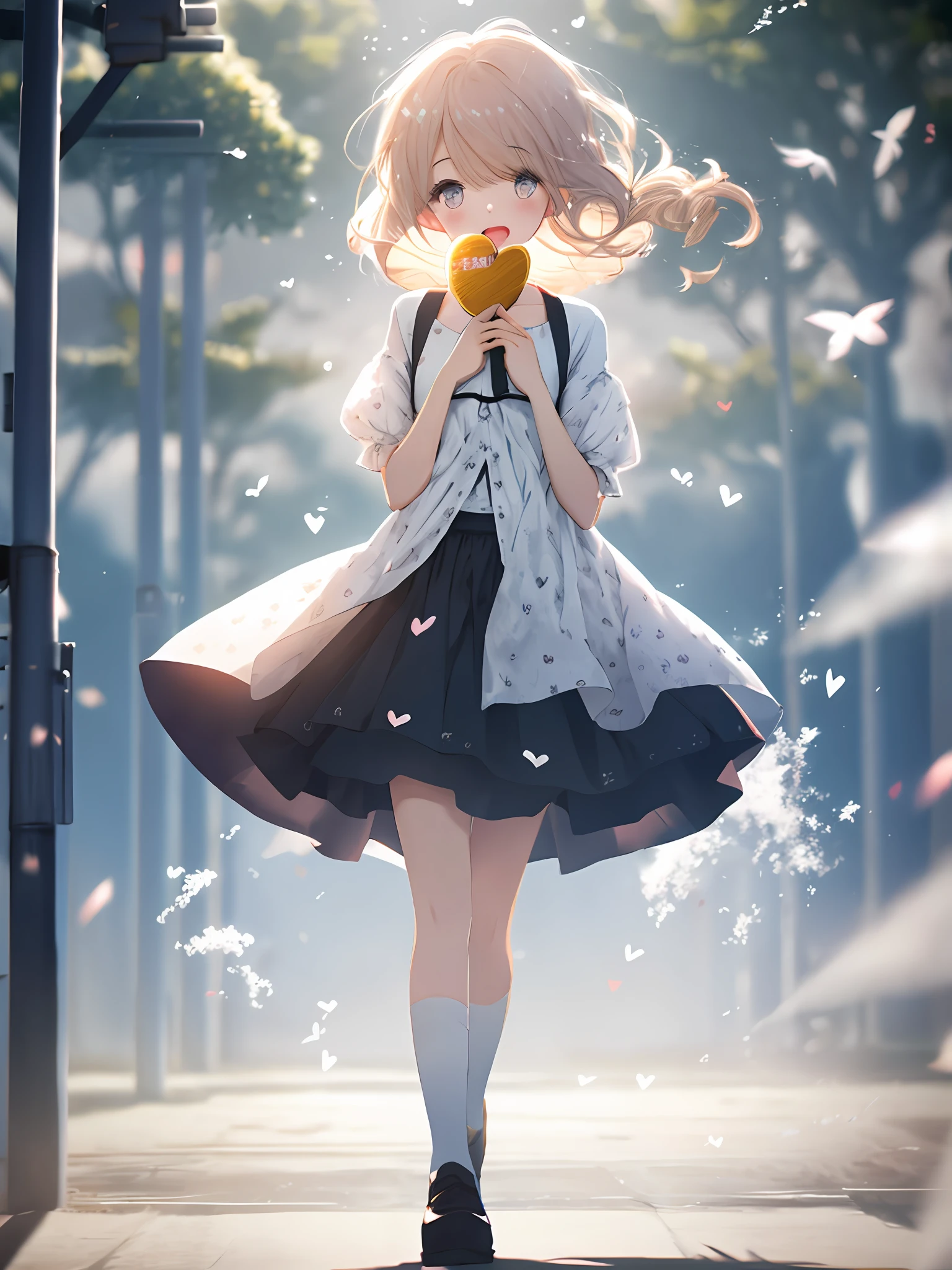 A girl, wearing a skirt, the wind blows the skirt, full body portrait (shy: 1.1), (open mouth: 1.1), (eyes open: 1.2), bright light, background blur, depth of field, blurred background, light particles, strong wind, (heart particles: 1.1)