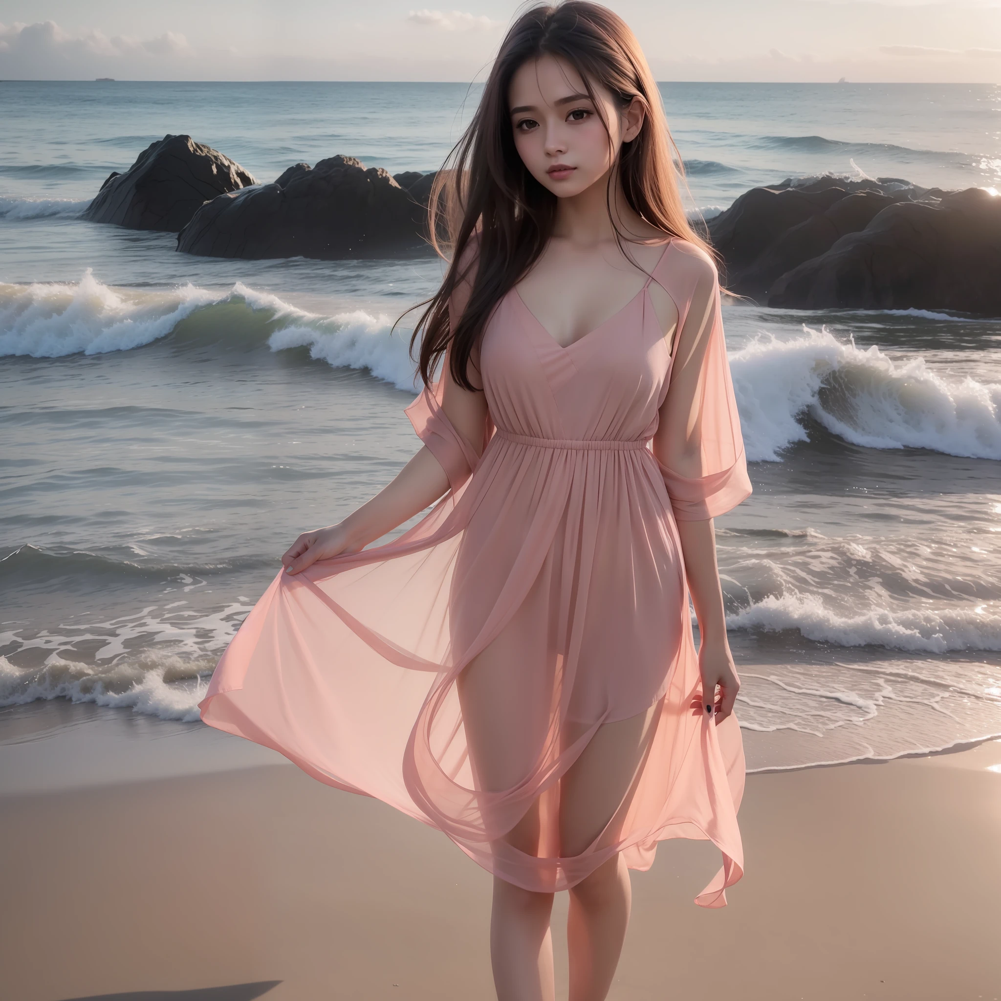 Dressed in a pink chiffon shirt, natural makeup, the humid seaside breeze blows, the golden light of dusk caresses, and the full-body portrait shot --ar 1:1 --beauty