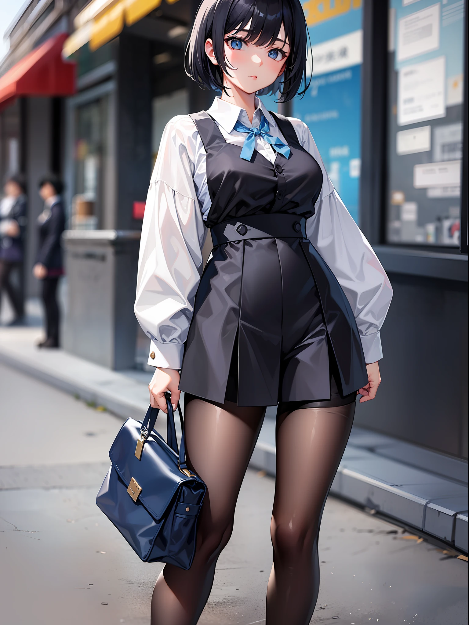 Black hair short, short clothes with white collar sleeves, blue shorts, black pantyhose, girl, outdoor