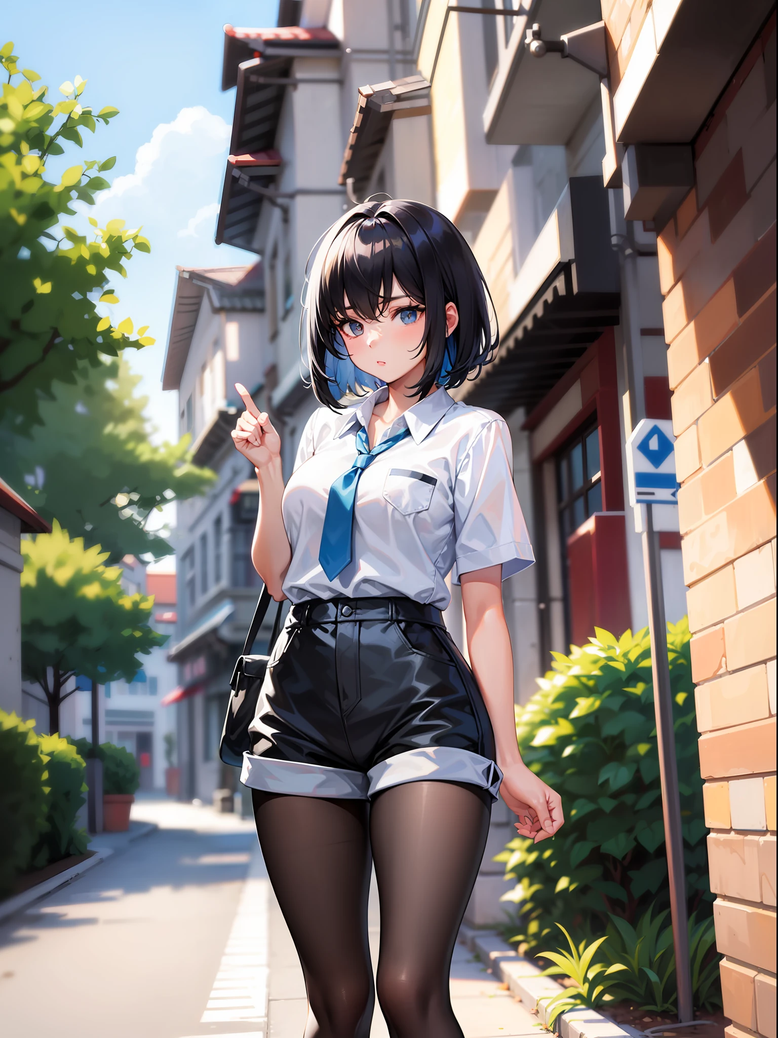 Black hair short, short clothes with white collar sleeves, blue shorts, black pantyhose, girl, outdoor