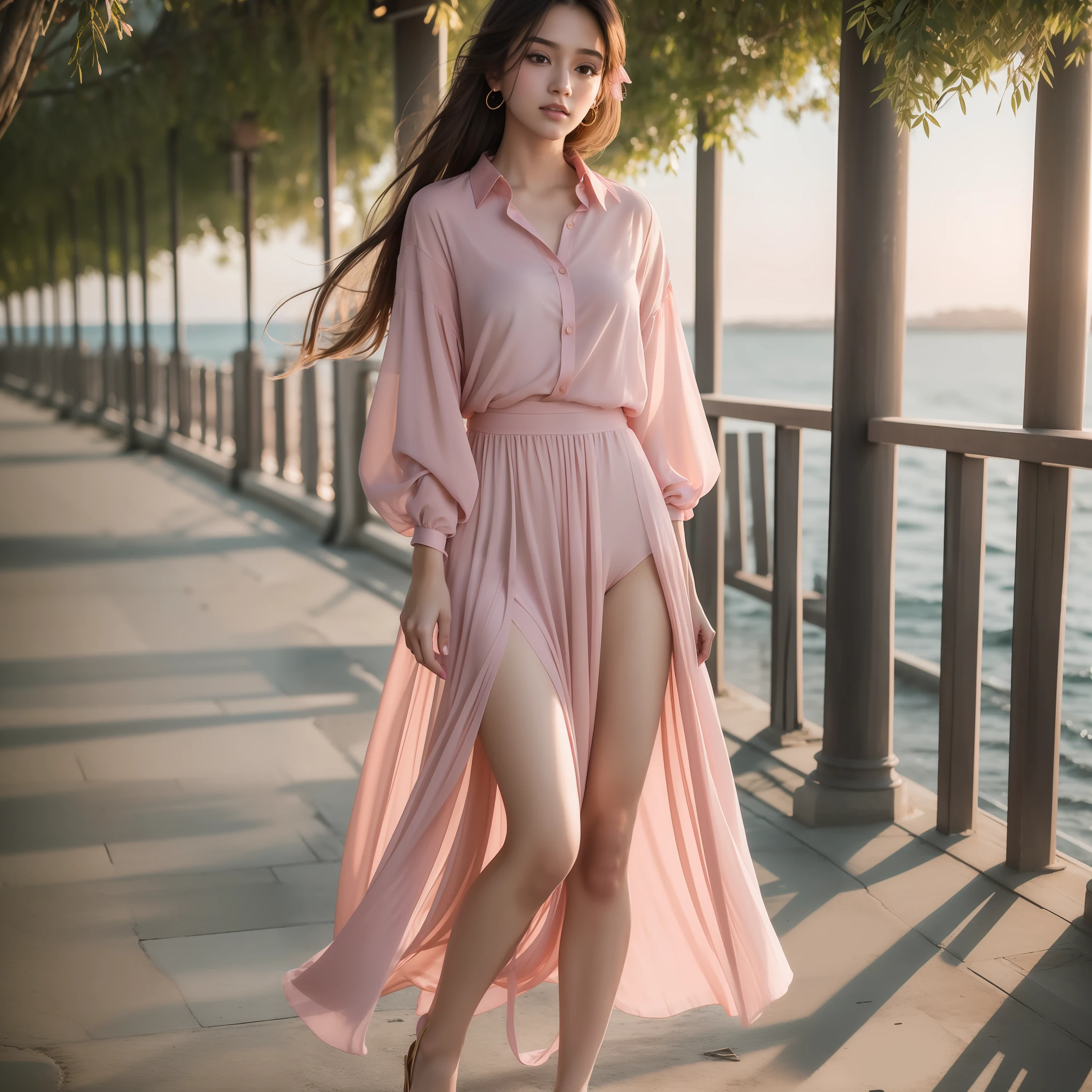 Dressed in a pink chiffon shirt, natural makeup, the humid seaside breeze blows, the golden light of dusk caresses, and the full-body portrait shot --ar 1:1 --beauty