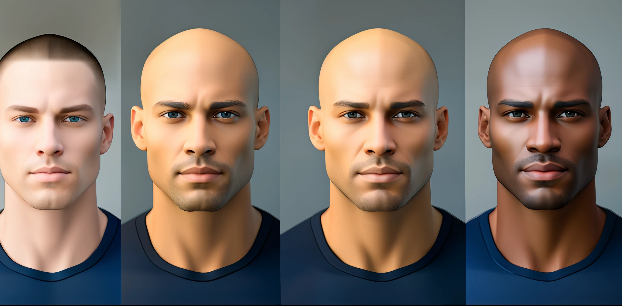three different images of a man with a shaved head and a shirtless torso, realistic body features and face, photorealistic skin tone, detailed realistic faces, realistic skin color, detailed and realistic faces, with fully detailed faces, extremely detailed face and body, realistic faces and anatomy, ultra-realistic faces, extremely realistic faces, precise ultra-realistic faces, Detailed realistic expressions, let the three images plus add others, add nine more images in different shades, place the images in sequences of skin tones from the whitest to the darkest black
