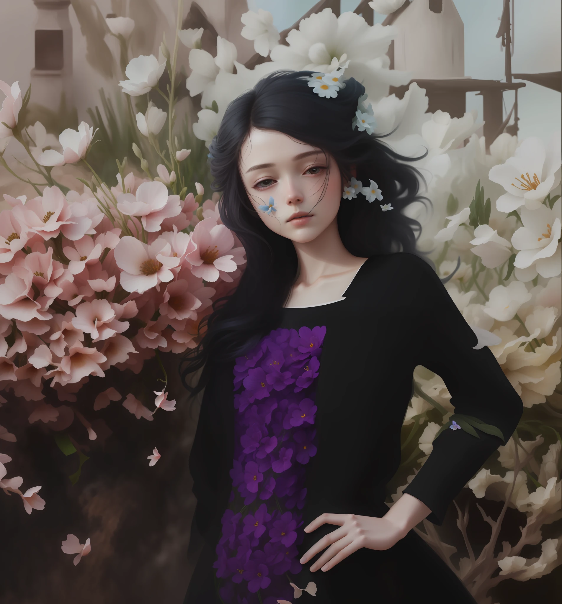 Put the character in the sea of flowers, hair details are more vivid, delicate and delicate, HD, 4k, 8k, realistic style
