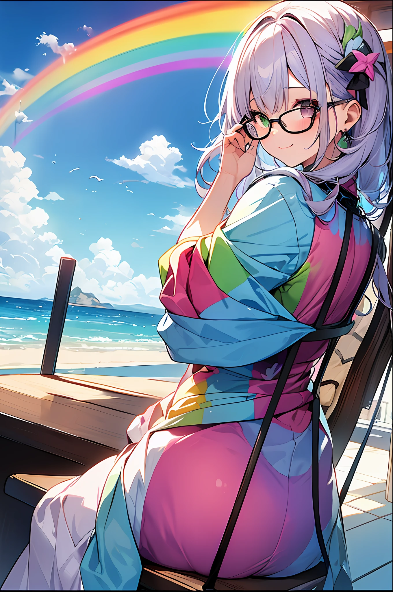 (Masterpiece, Top Quality, Best Quality, Watercolor (Medium), Official Art, Beautiful and Aesthetic: 1.2), (1 Girl: 1.3), (Fractal Art: 1.3), Full Body, (Sitting in a Chair)), ((Back View)), Watching the Viewer, Pattern, (Iridescent Hair, Colorful Hair, Half Blue and Half Pink Hair: 1.2), Clouds, Colorful, Smile, Glasses, Close-up, Heterochromia, (Colorful: 1.5), (Shy Face) , ((rainbow))