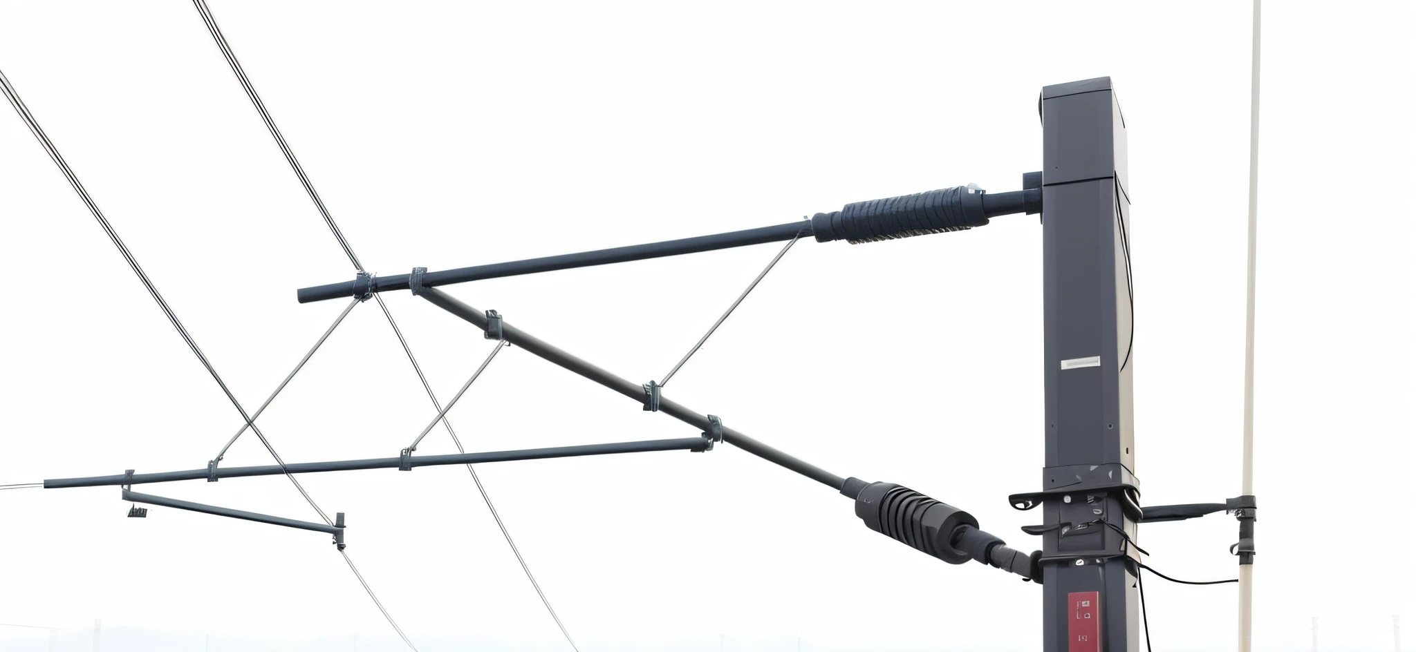 There is a pole with power cord and pole, overhead wire, single wire, connecting wire, connected slot wire, tangled overhead wire, hanging cable, black wired cable, cable, connected wire, ultrafine details, power line, power line, power line, utility, wire, wire and cable out, wire, cable, cable and pipe,